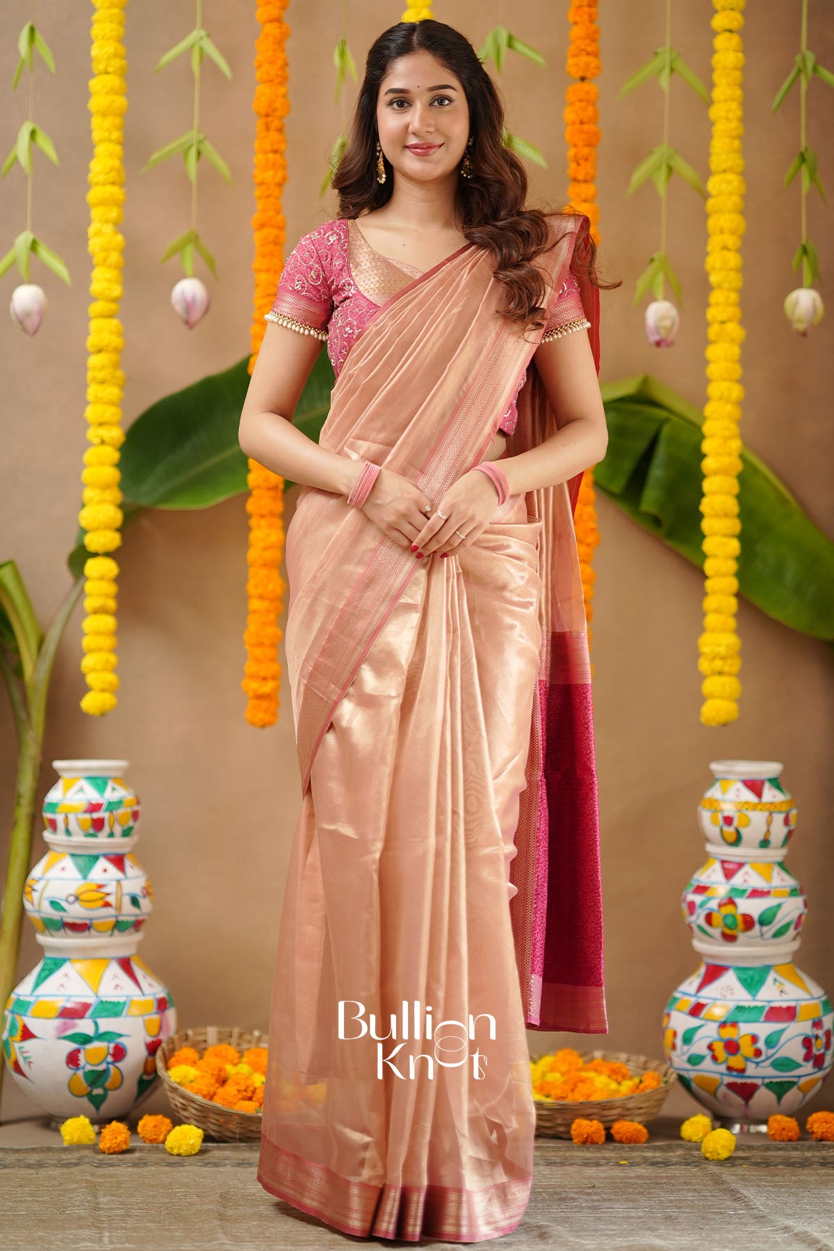 Pratiksha 2-In-1 Tissue Zari Lehenga Set In Peach Gold