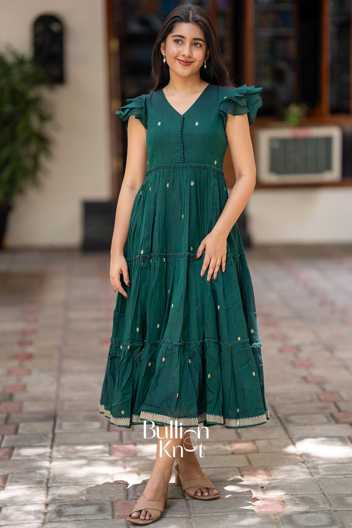 Ishani Handloom Midi(Dress) in Bottle Green