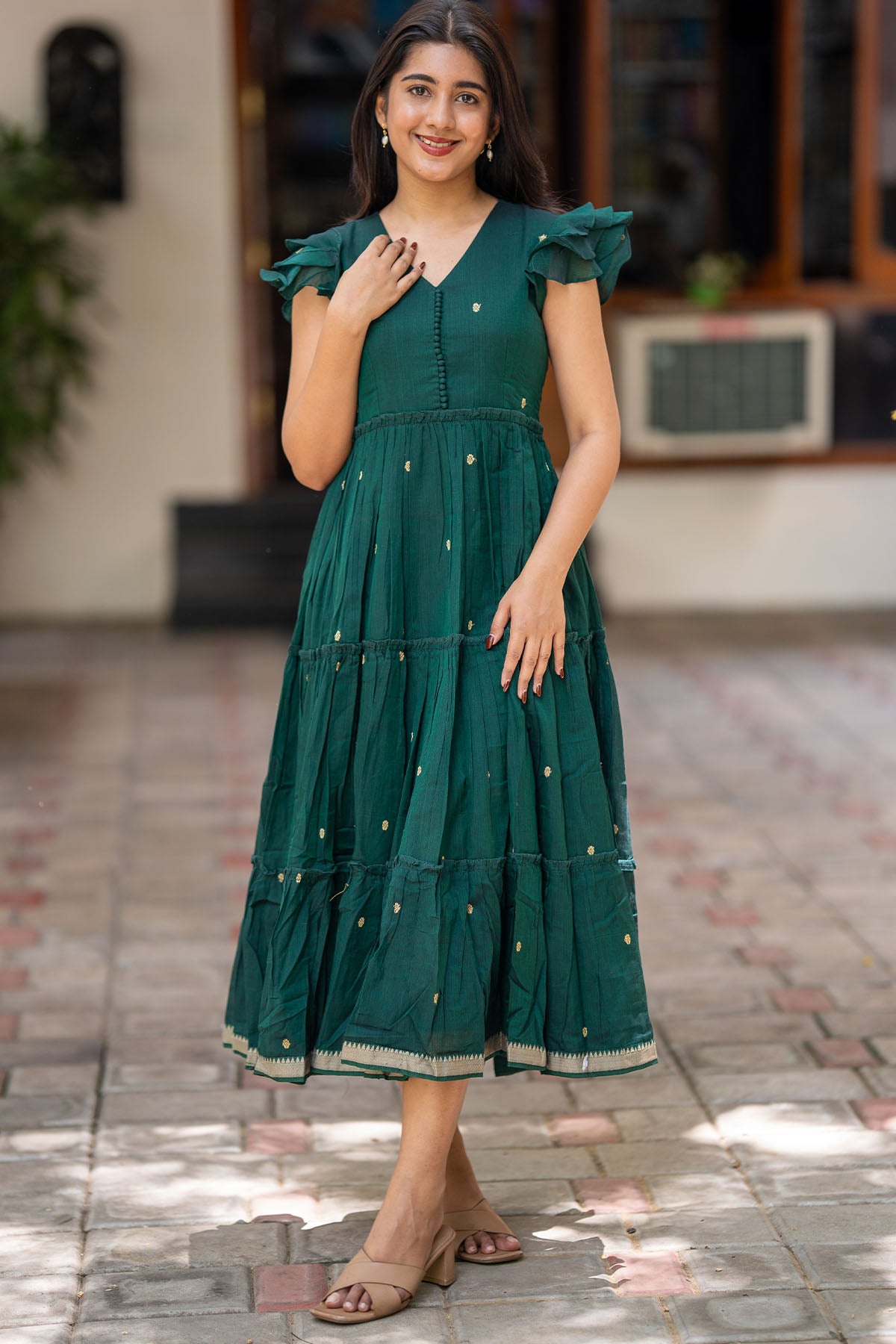 Ishani Handloom Midi(Dress) in Bottle Green