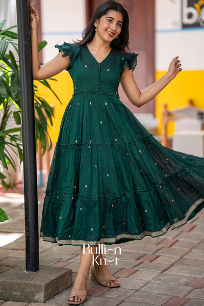 Ishani Handloom Midi(Dress) in Bottle Green