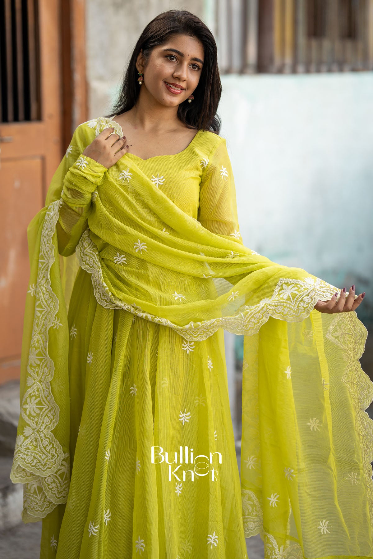 Lime Sunaina Kota embroidery Anarkali Suit Set