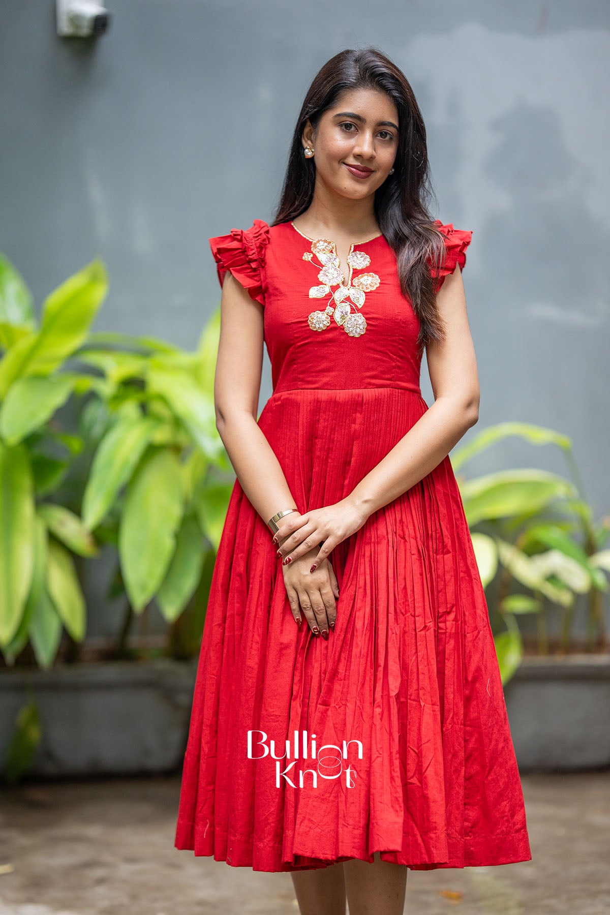 Anushka Red Cotton Midi Dress - Elegant Casual Wear