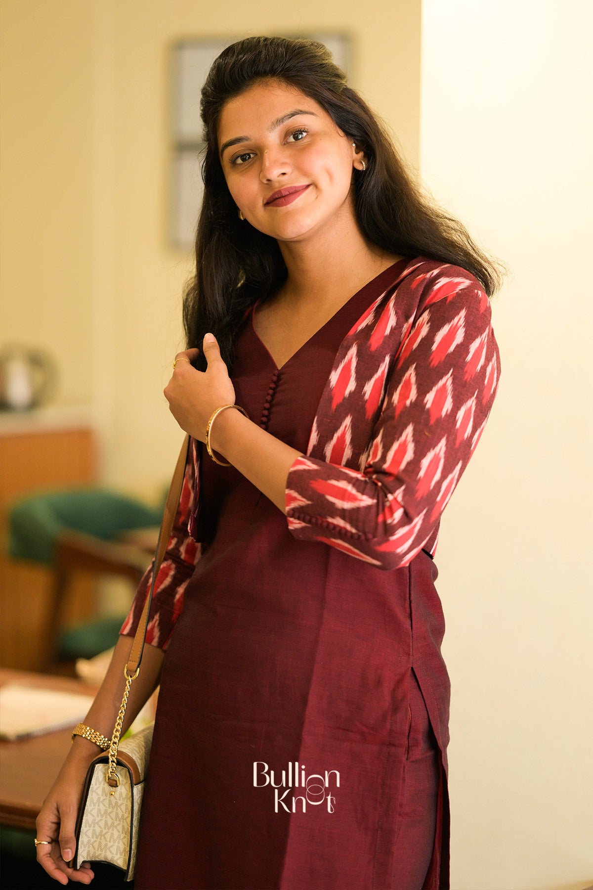 Garnet Handloom Kurta Jacket Set in Maroon