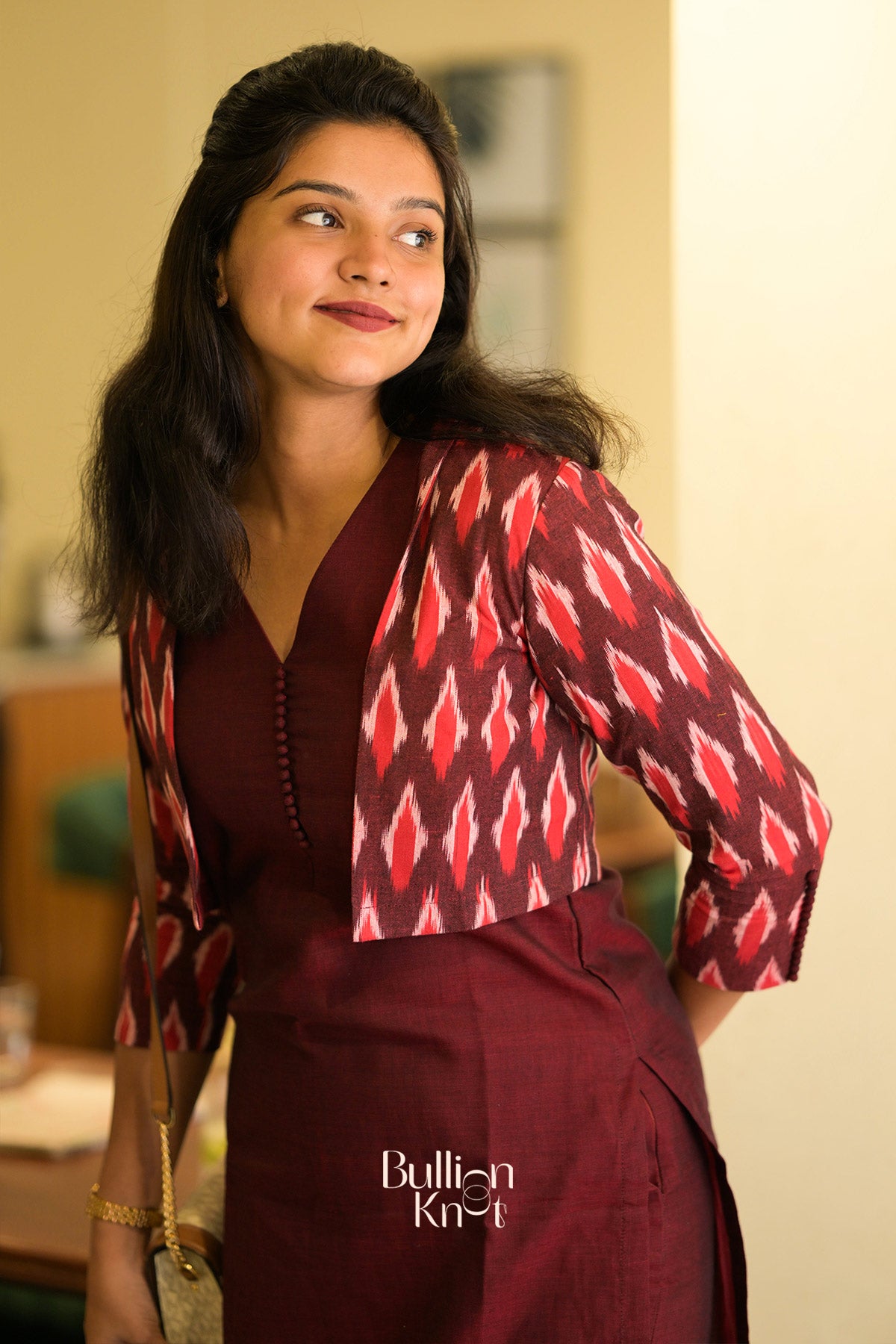 Garnet Handloom Kurta Jacket Set in Maroon