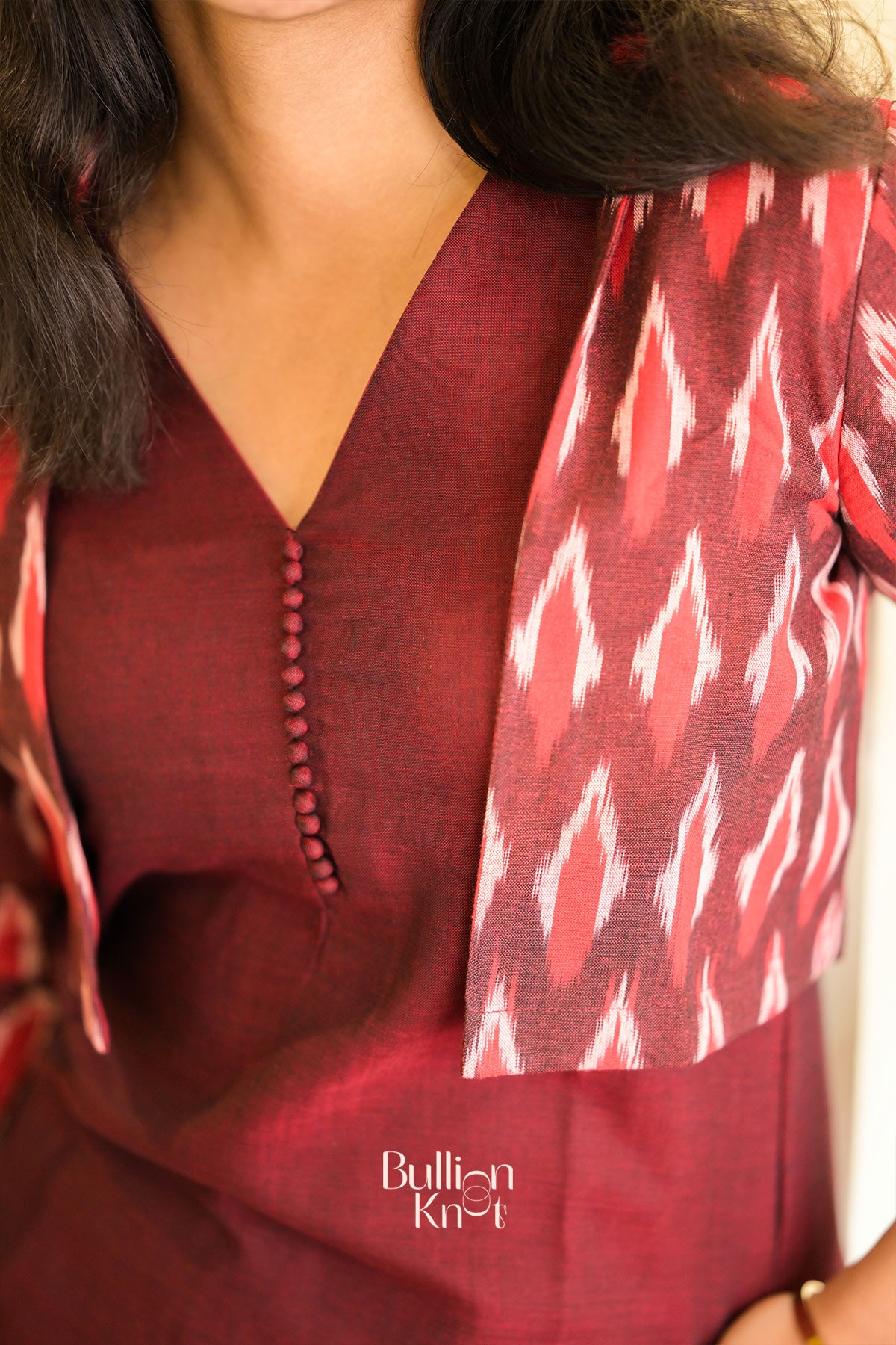 Garnet Handloom Kurta Jacket Set in Maroon