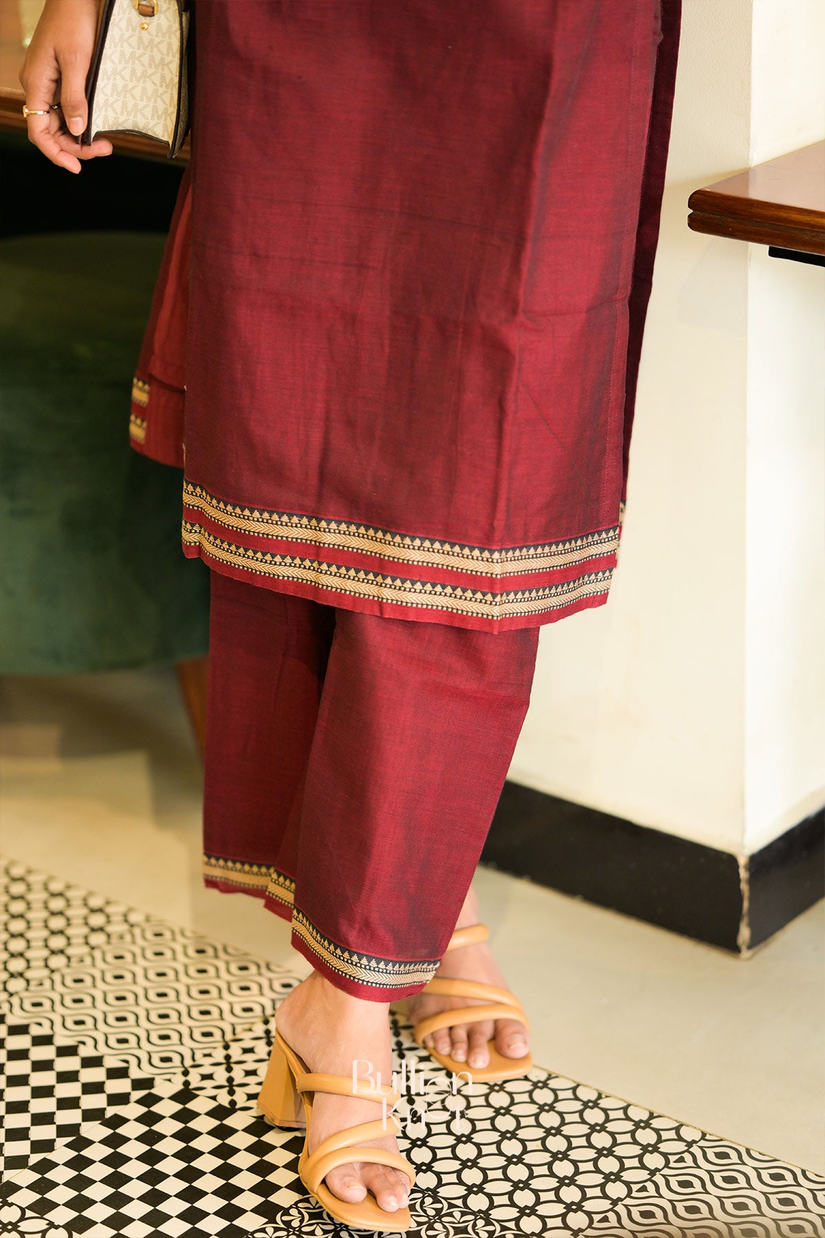Garnet Handloom Kurta Jacket Set in Maroon