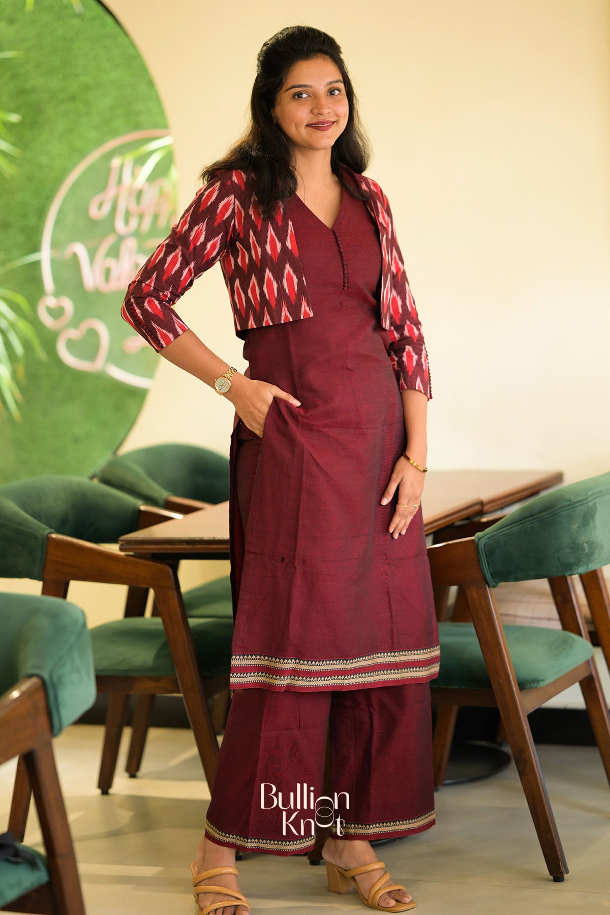 Garnet Handloom Kurta Jacket Set in Maroon