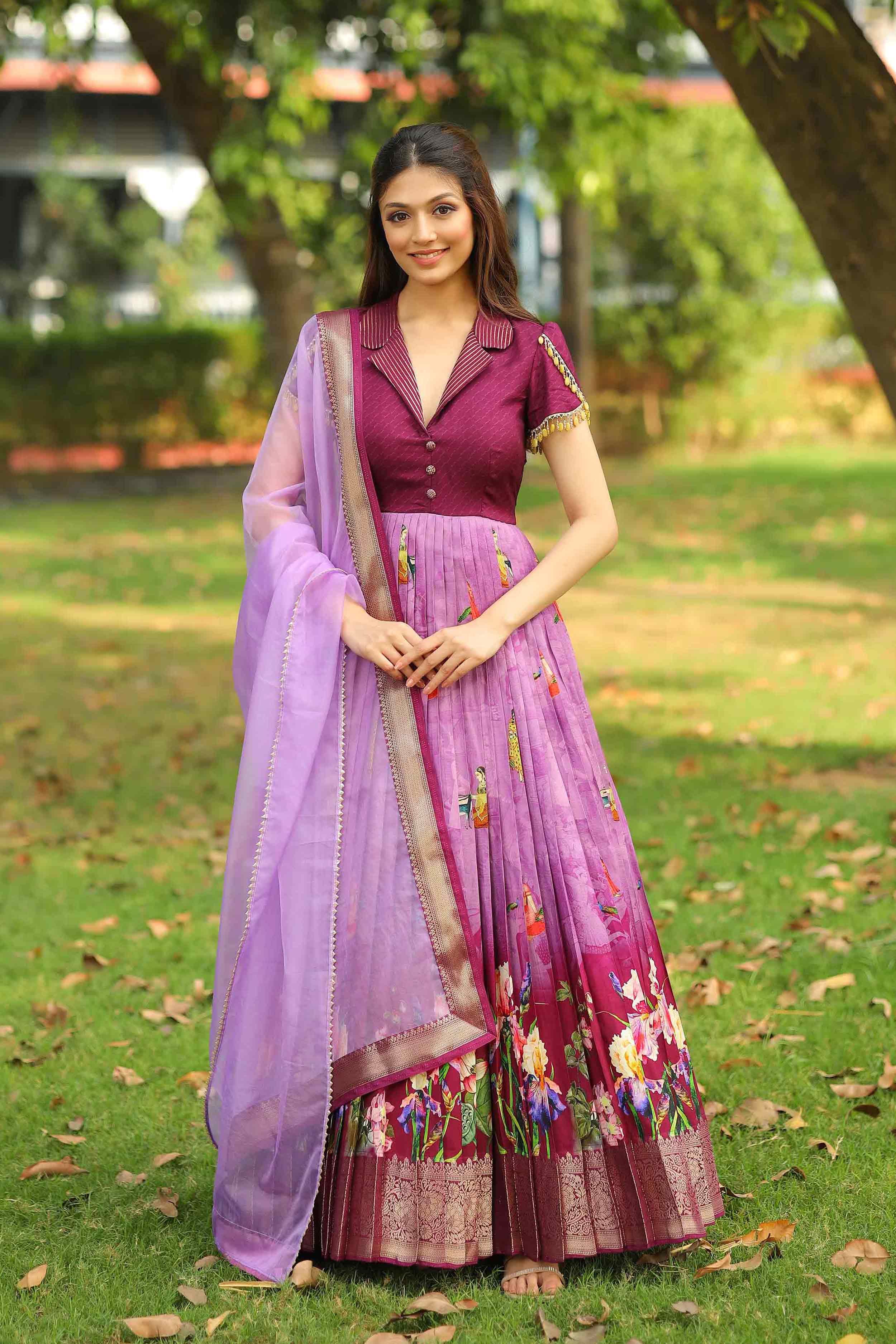 Drishya Purple Floral Silk Anarkali Set - Bullionknot