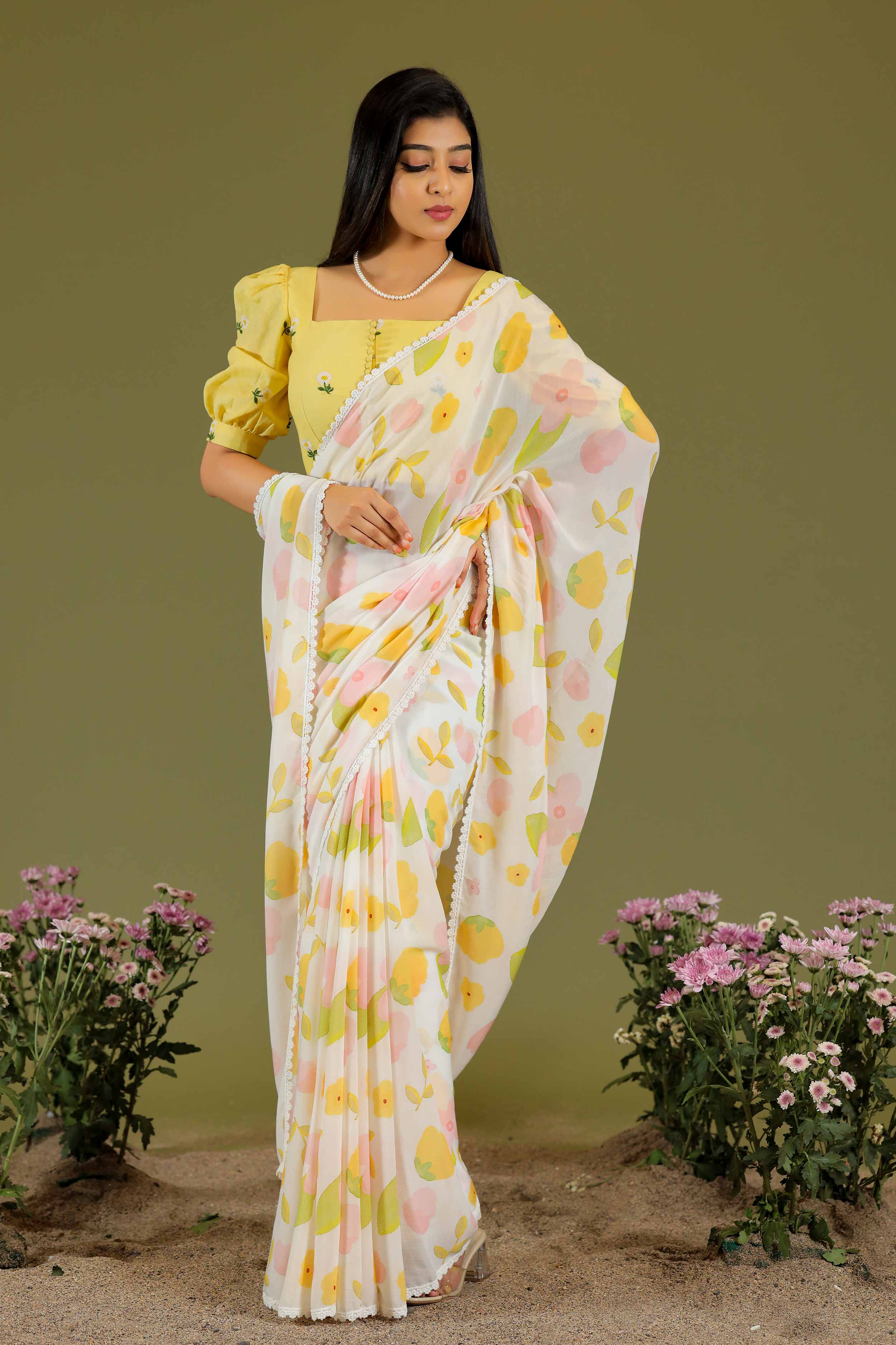 a woman in Yellow & White Pila Kaner Saree - Bullionknot