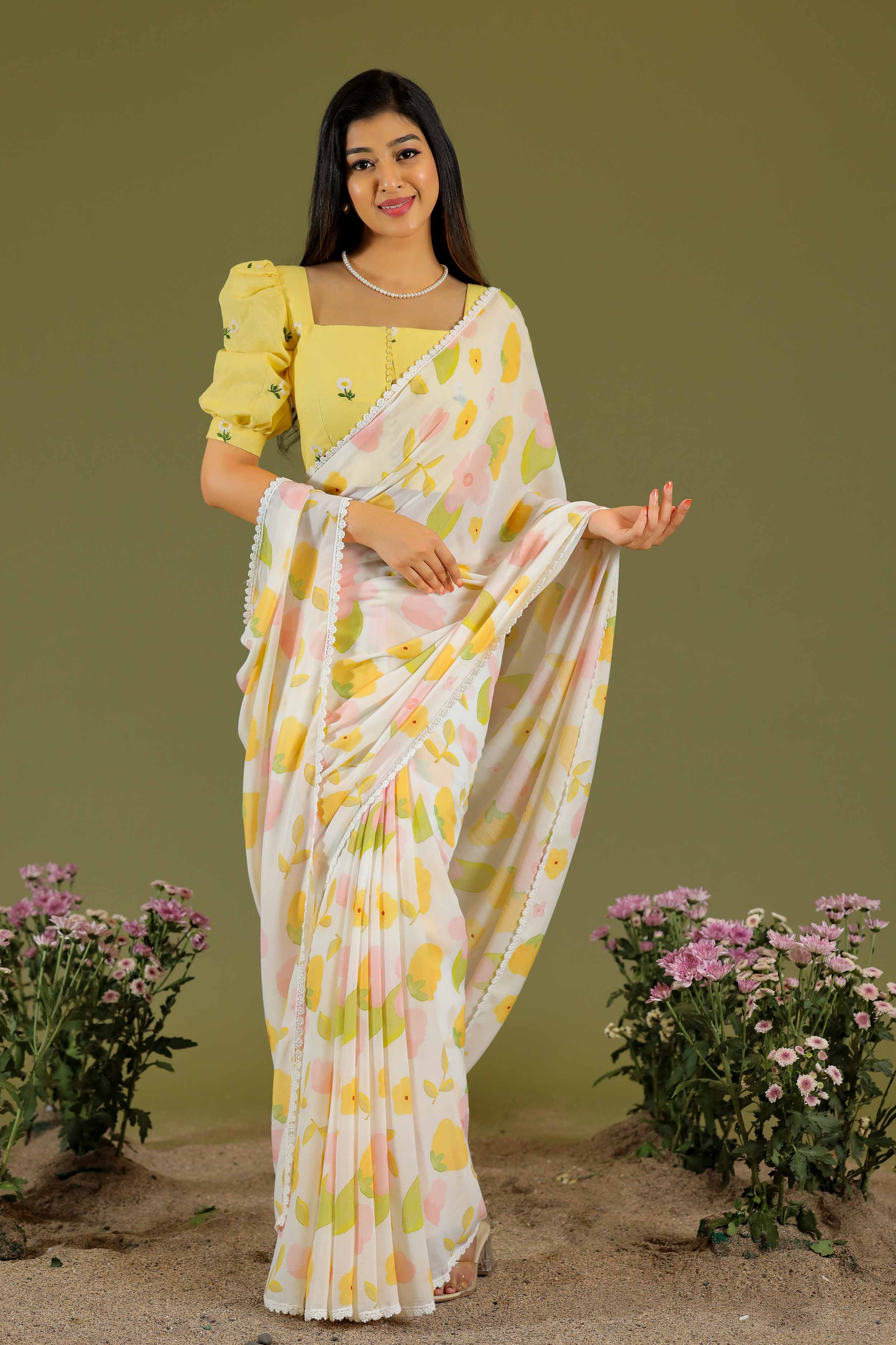 a woman in Yellow & White Saree - Bullionknot