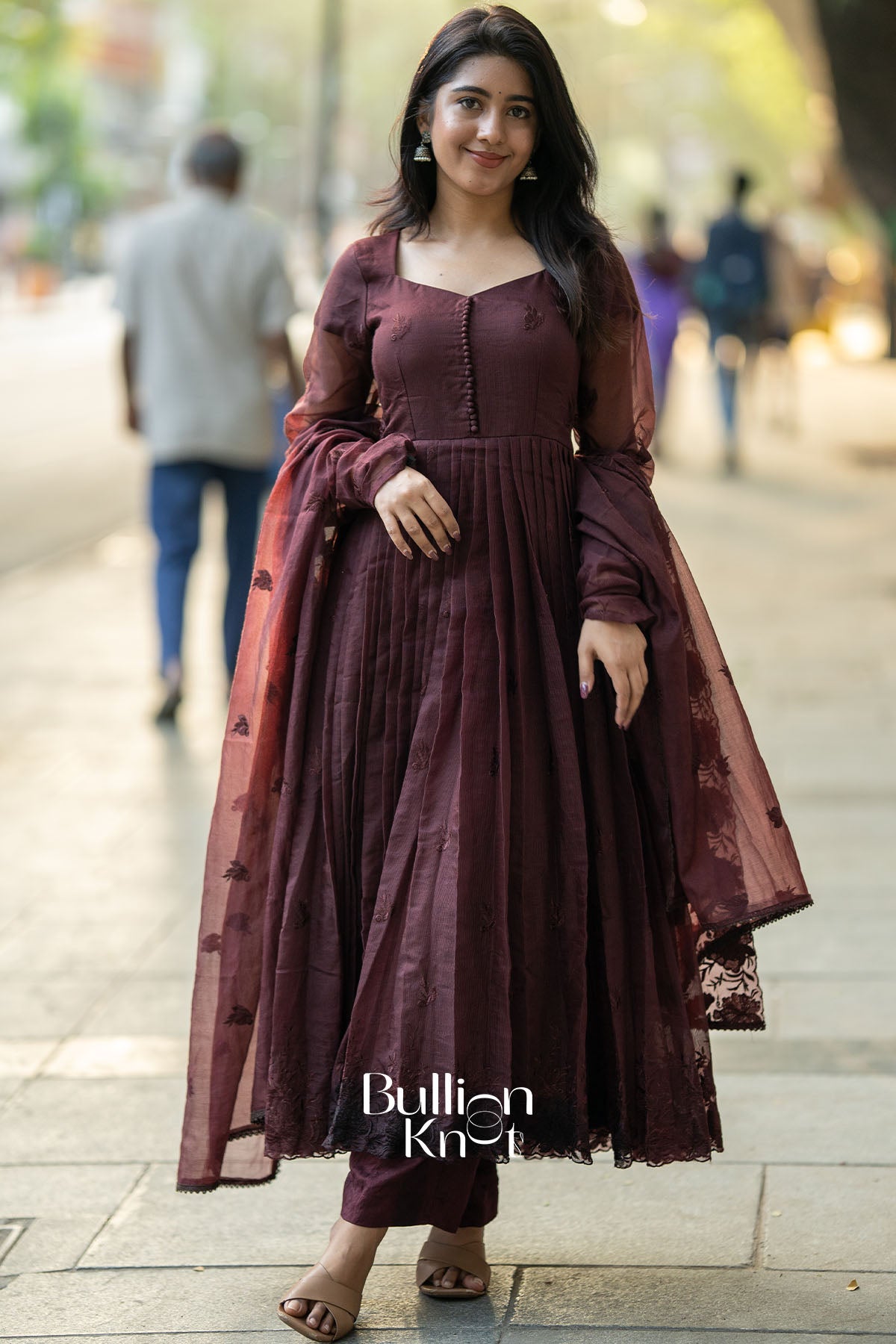 Festive Brown Anarkali Set Featuring Fabric Buttons, Side Zip, and Embroidered Dupatta