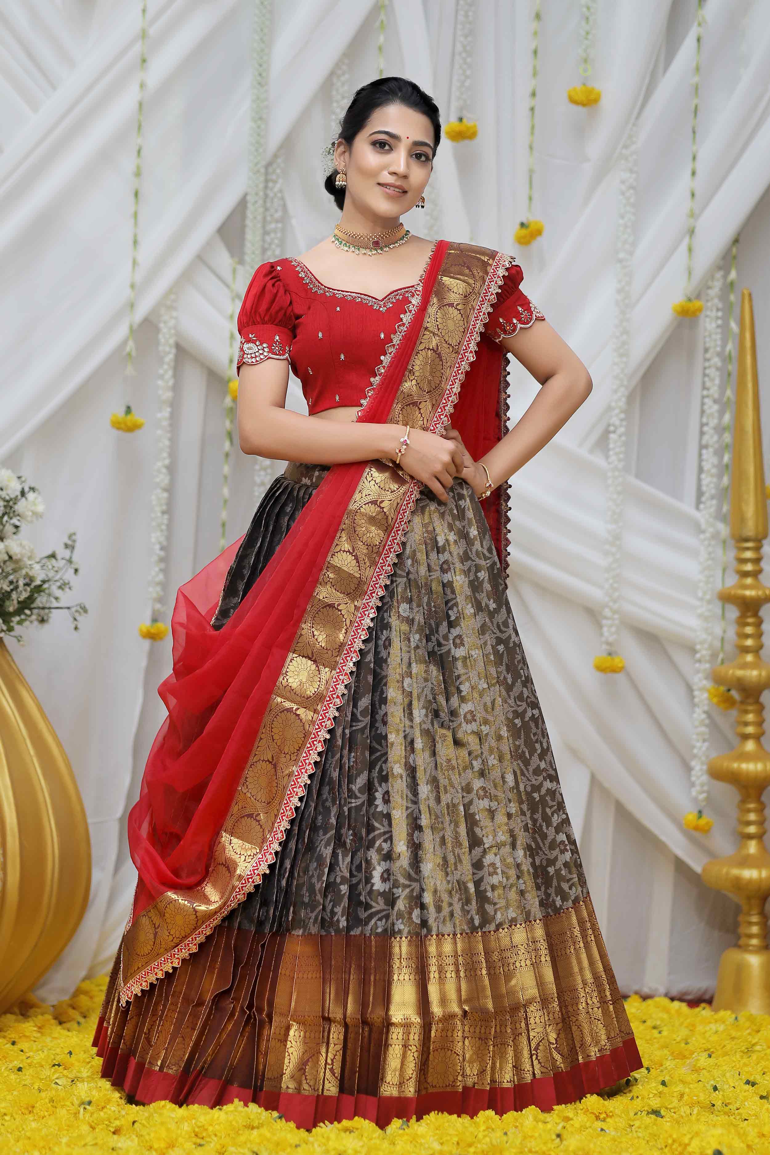 copper and maroon half saree set