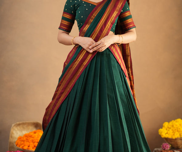 Garima 2-in-1 Half Saree Green Handloom | Combo Set with Blouse, Lehenga