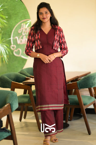 Garnet Handloom Kurta Jacket Set in Maroon