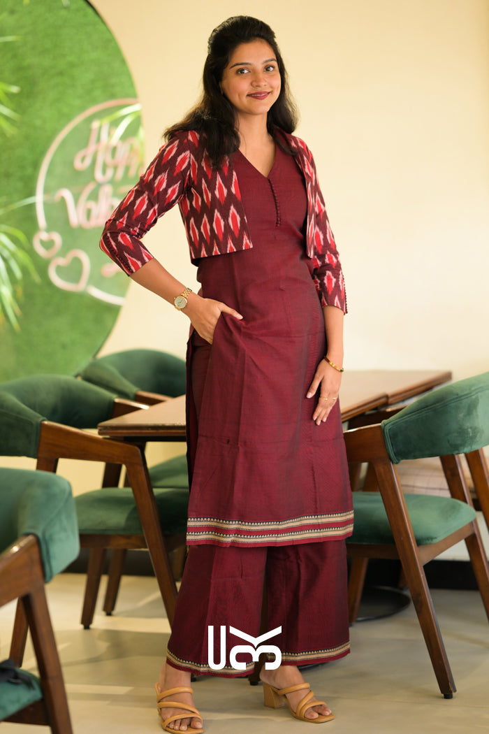 Garnet Handloom Kurta Jacket Set in Maroon