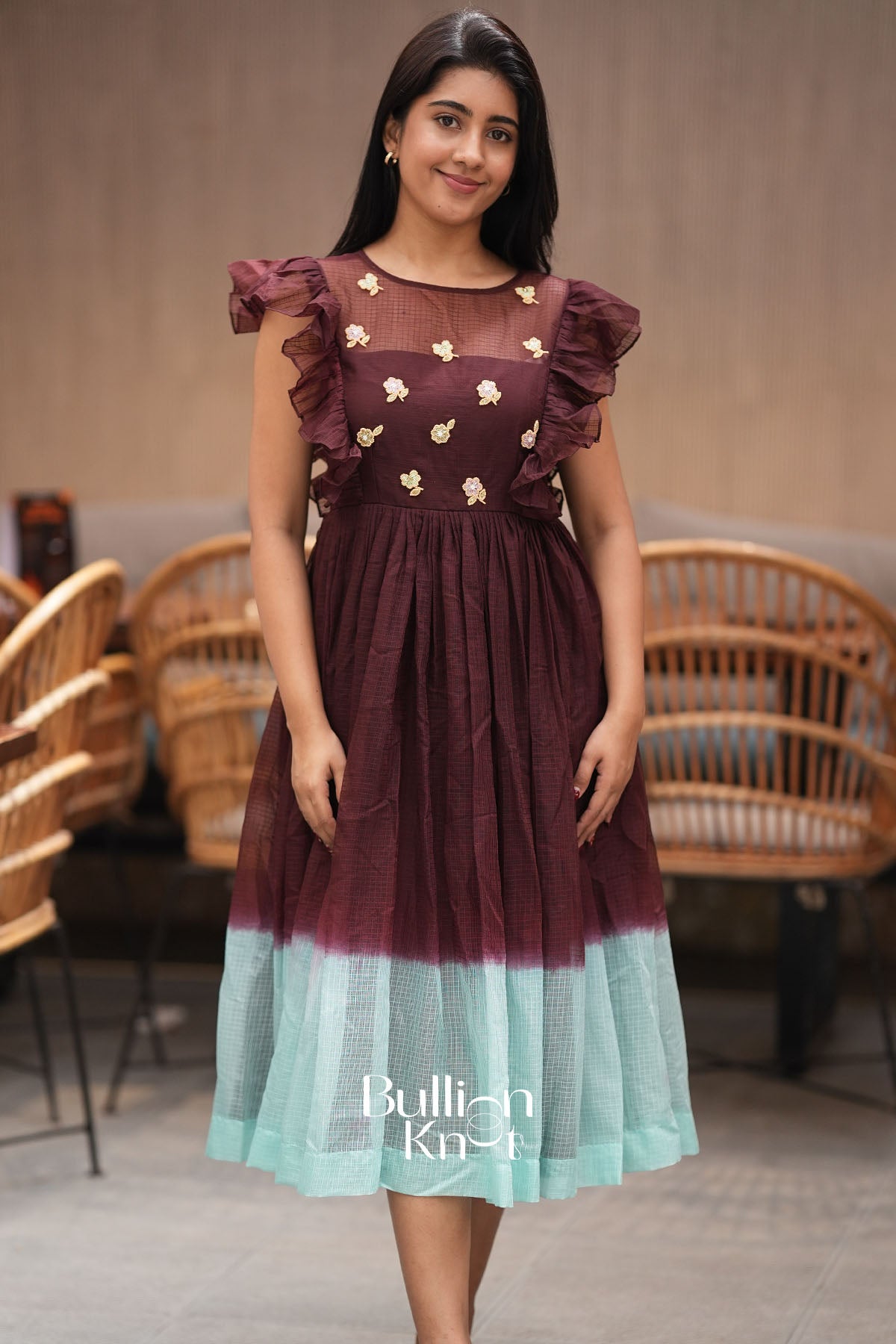 Glowtide Brown Kota Ruffle Midi Dress