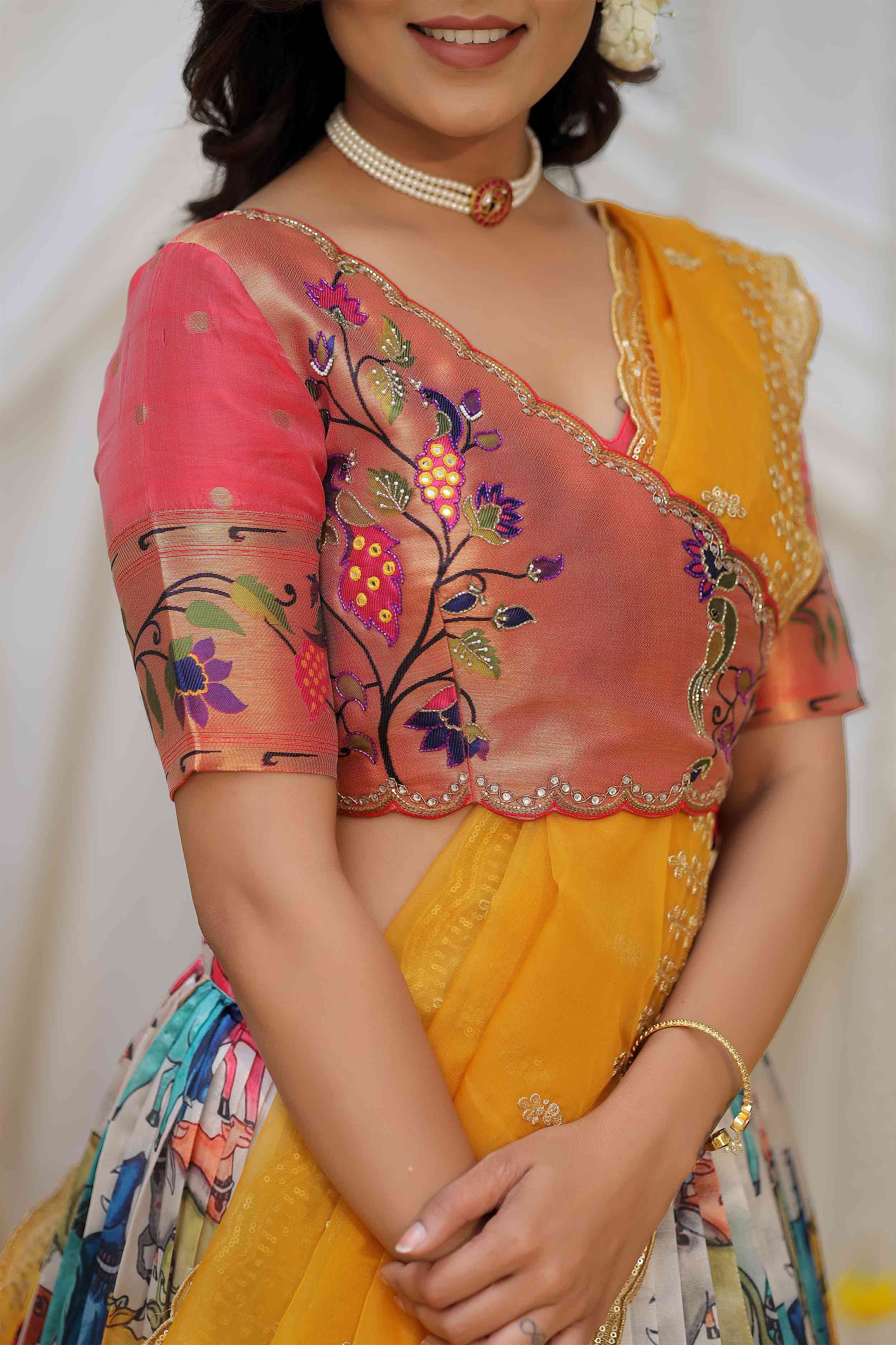 Close-up of embroidered blouse on Pethani Silk Saree