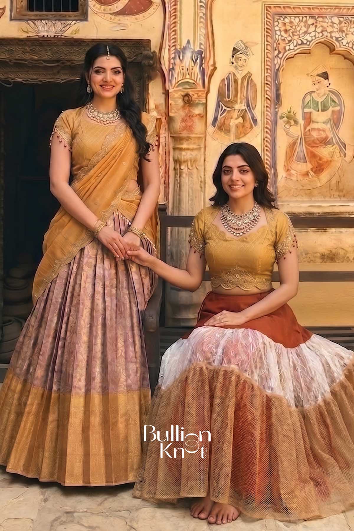 Women in traditional lehenga with can can skirt and Banarasi silk lehenga