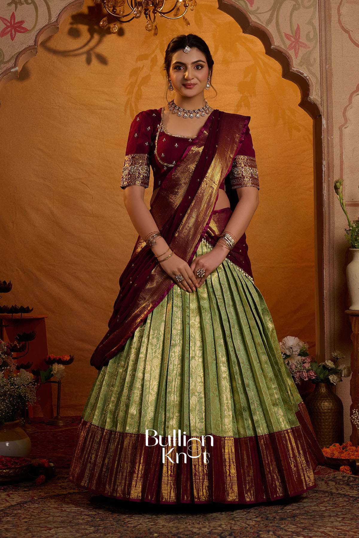 Can Can Skirt + Indira vastra Soft Silk Lehenga Set in Lime Green