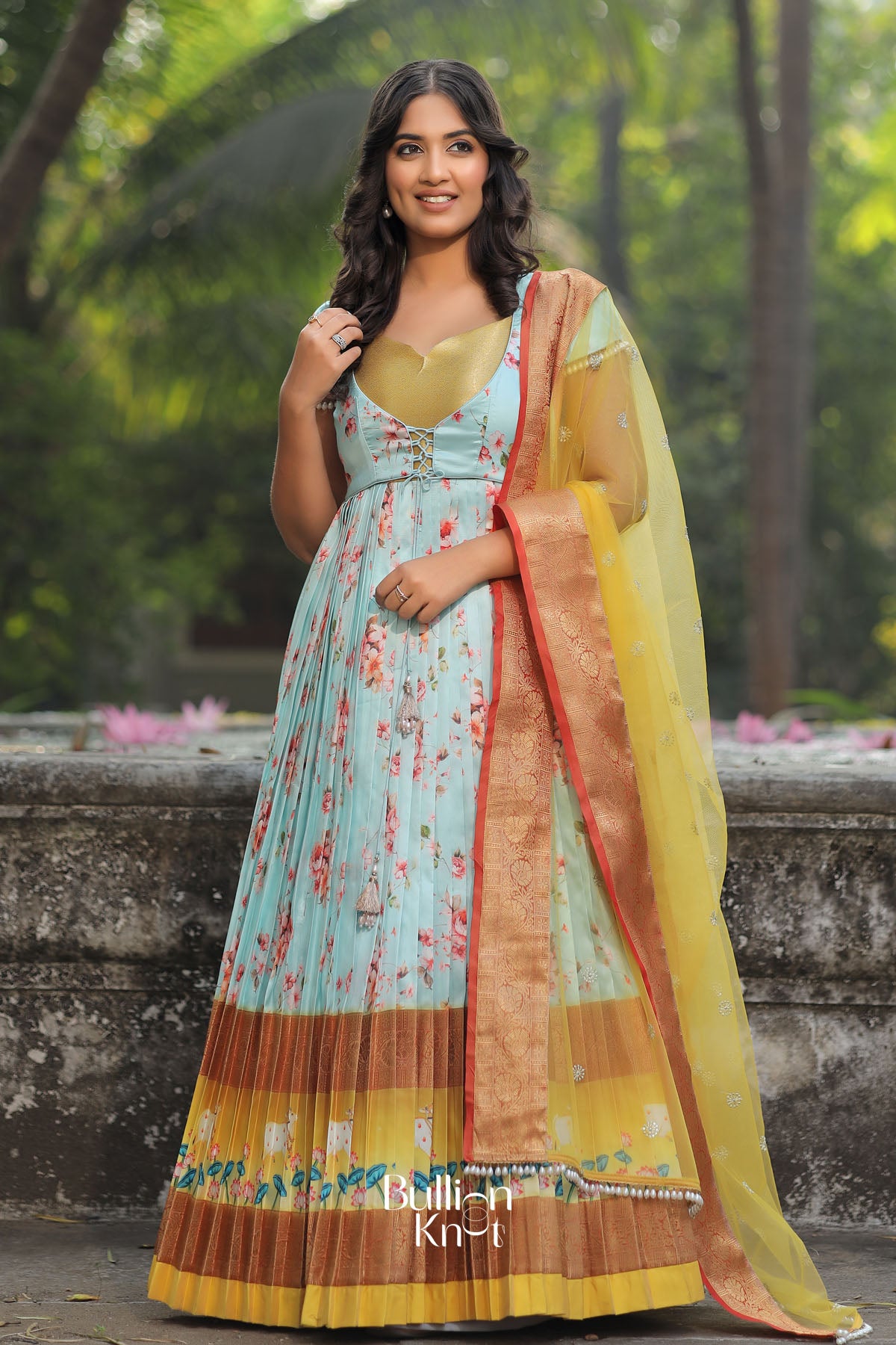 Iris Floral Pichwai Silk (Dress) in IceBlue