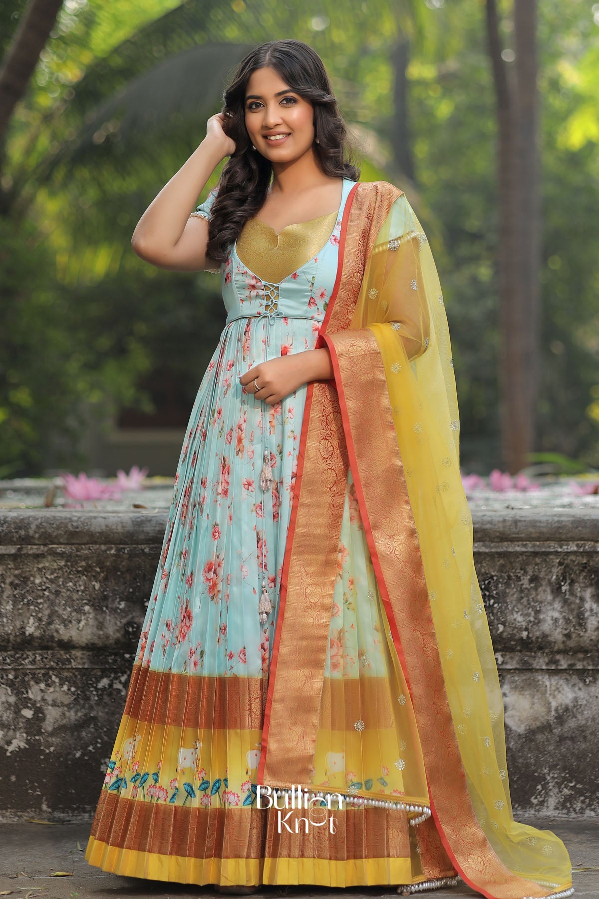 Iris Floral Pichwai Silk (Dress) in IceBlue