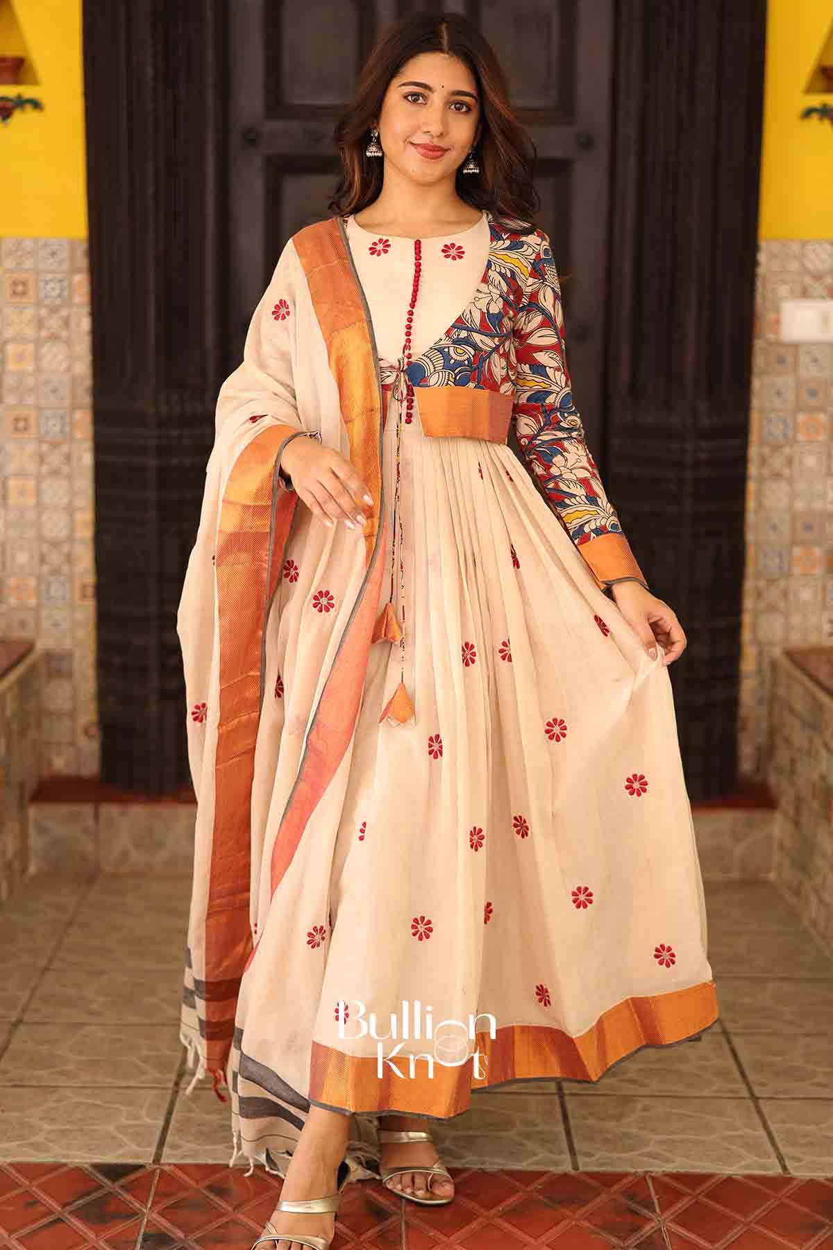 Ivory Kalamkari Grace |Cotton Jacket Style Flared Anarkali Set