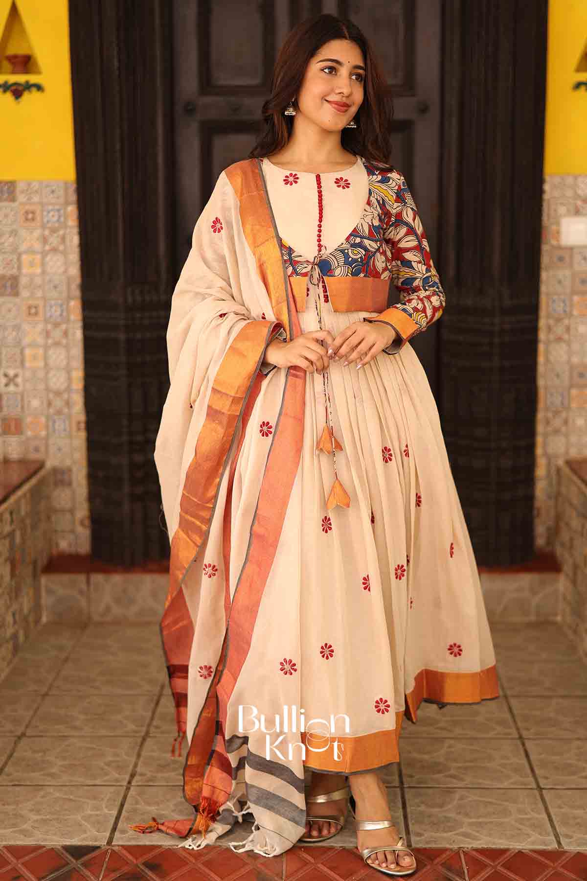 Ivory Kalamkari Grace |Cotton Jacket Style Flared Anarkali Set