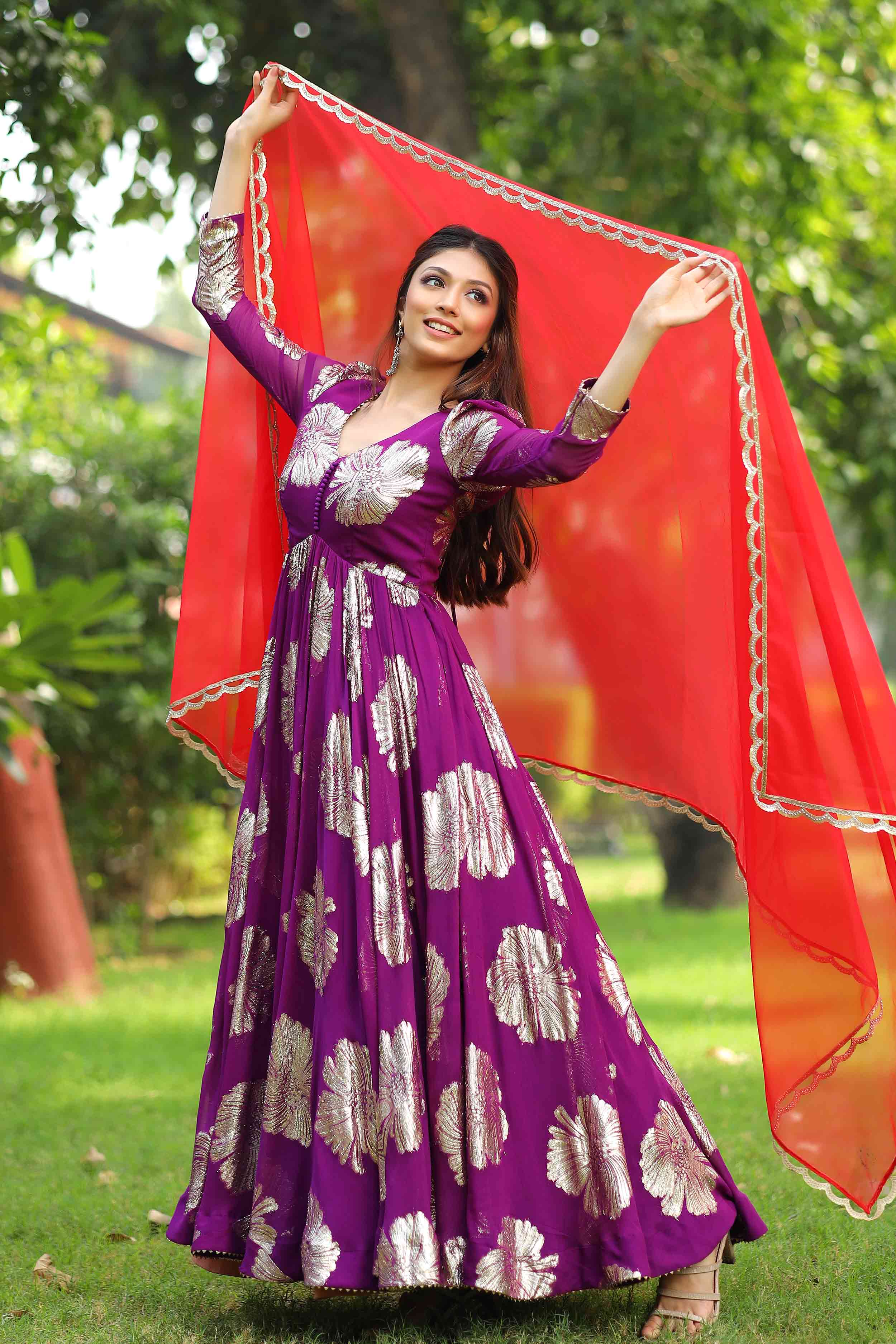 a women in purple and red Anarkali Dress