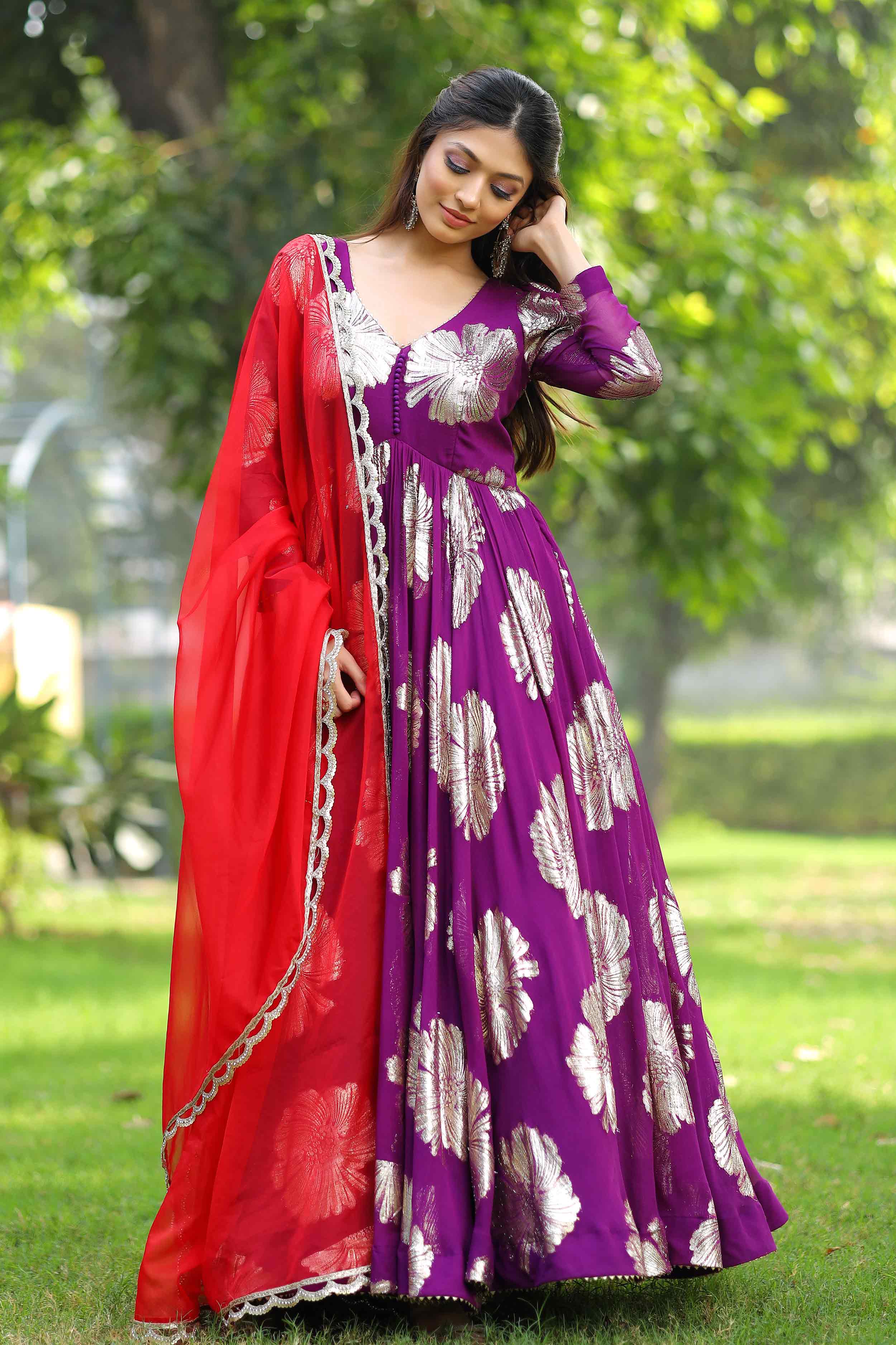 Stylish purple Anarkali suit set with red dupatta