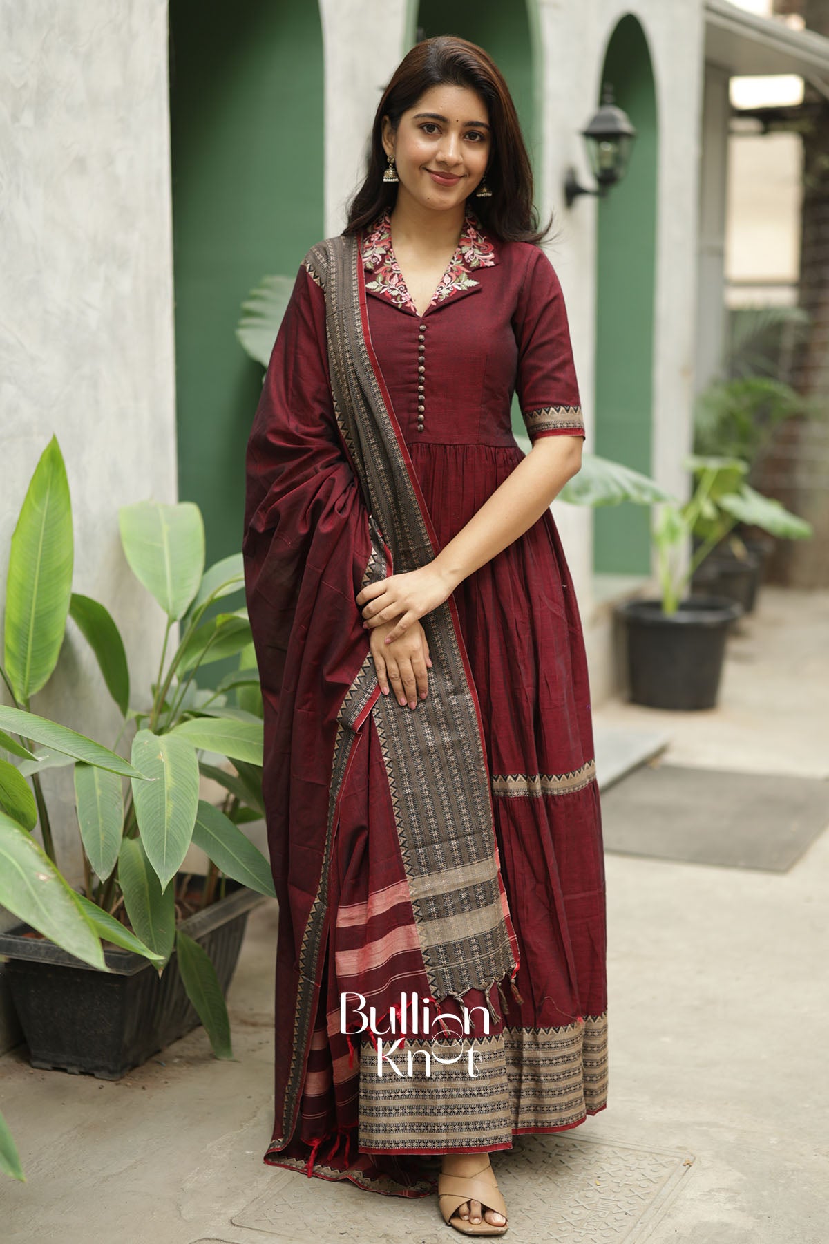 Muse Wine Handloom Anarkali Set