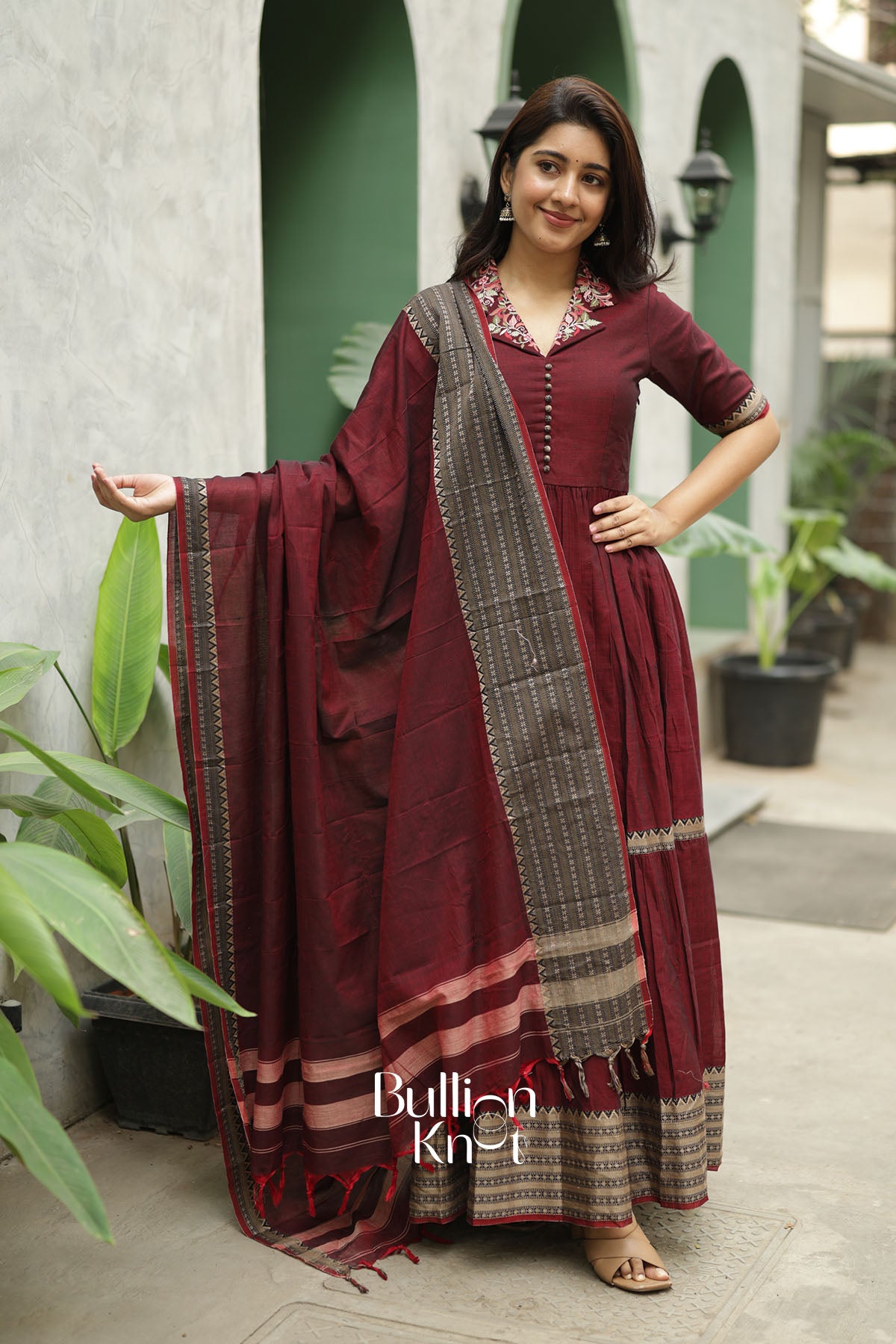 Muse Wine Handloom Anarkali Set