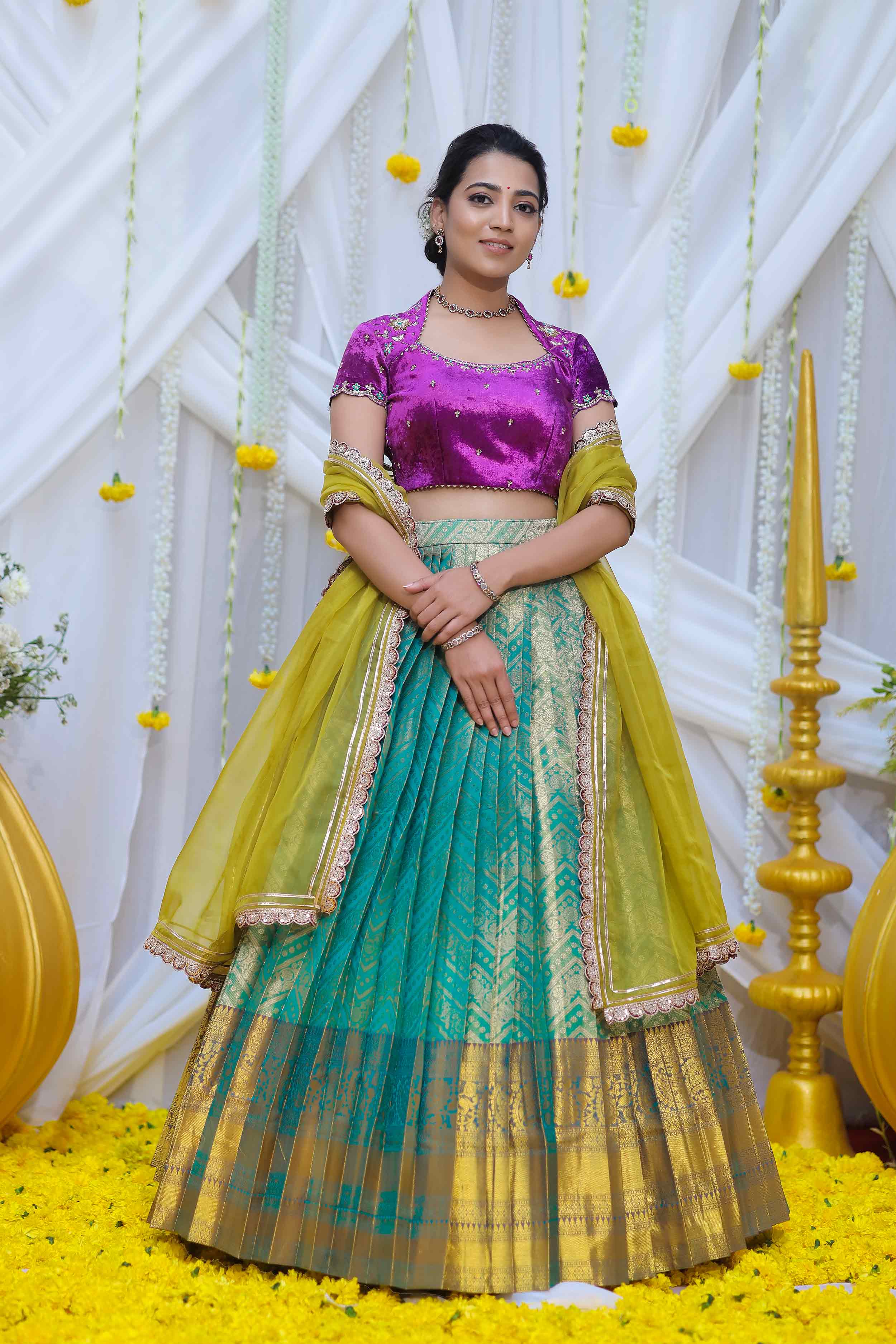 Kaveri Halfsaree Lehenga Set in purple and green