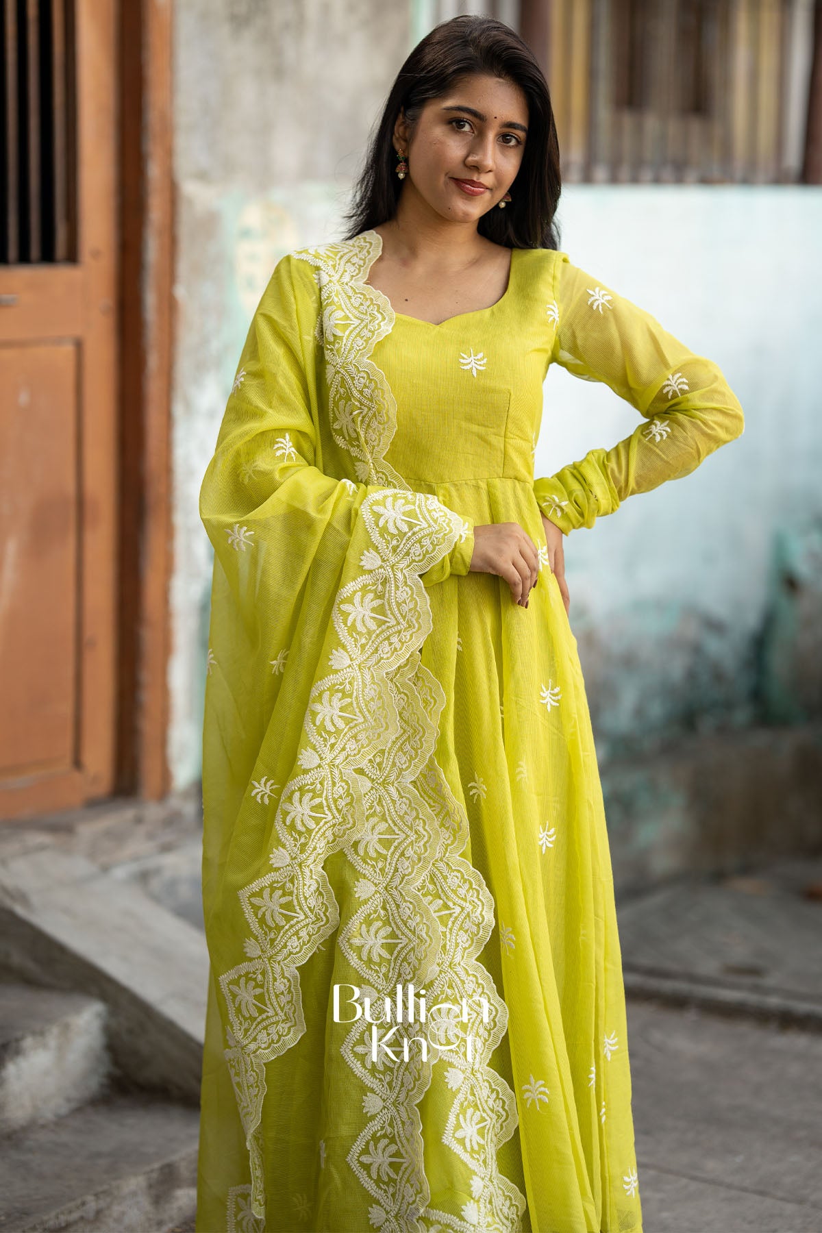 Yellow Embroidered Kota Anarkali Dress for Women – BullionKnot