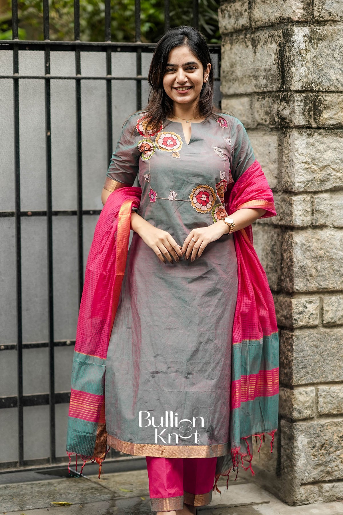 Front view of Khushali Grey Suit Set with elegant embroidery