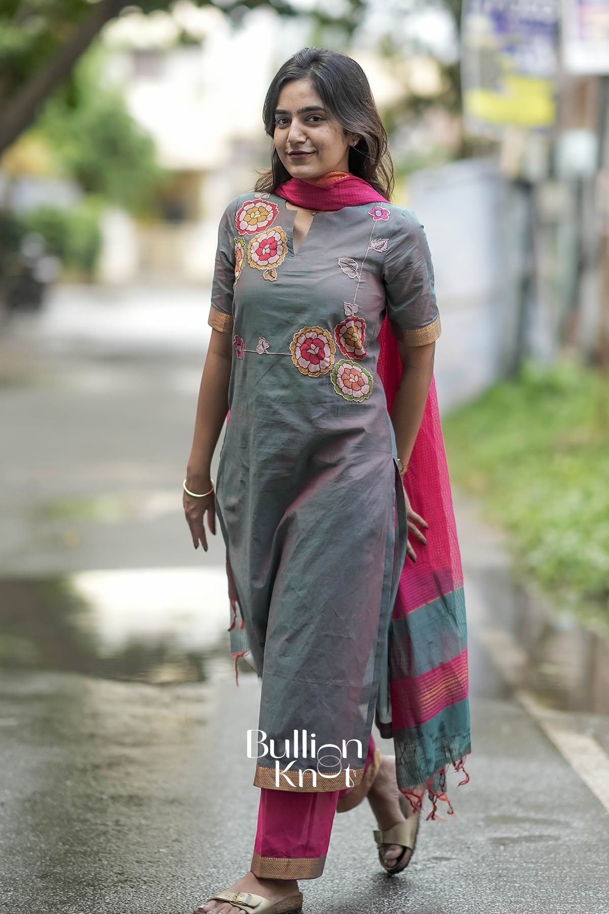 Khushali Grey Suit Set full outfit flatlay for product display