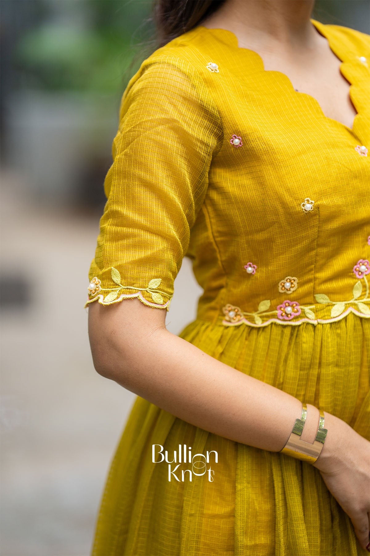 Rangrezza Kota Doria Mustered Yellow Handwork Midi Dress