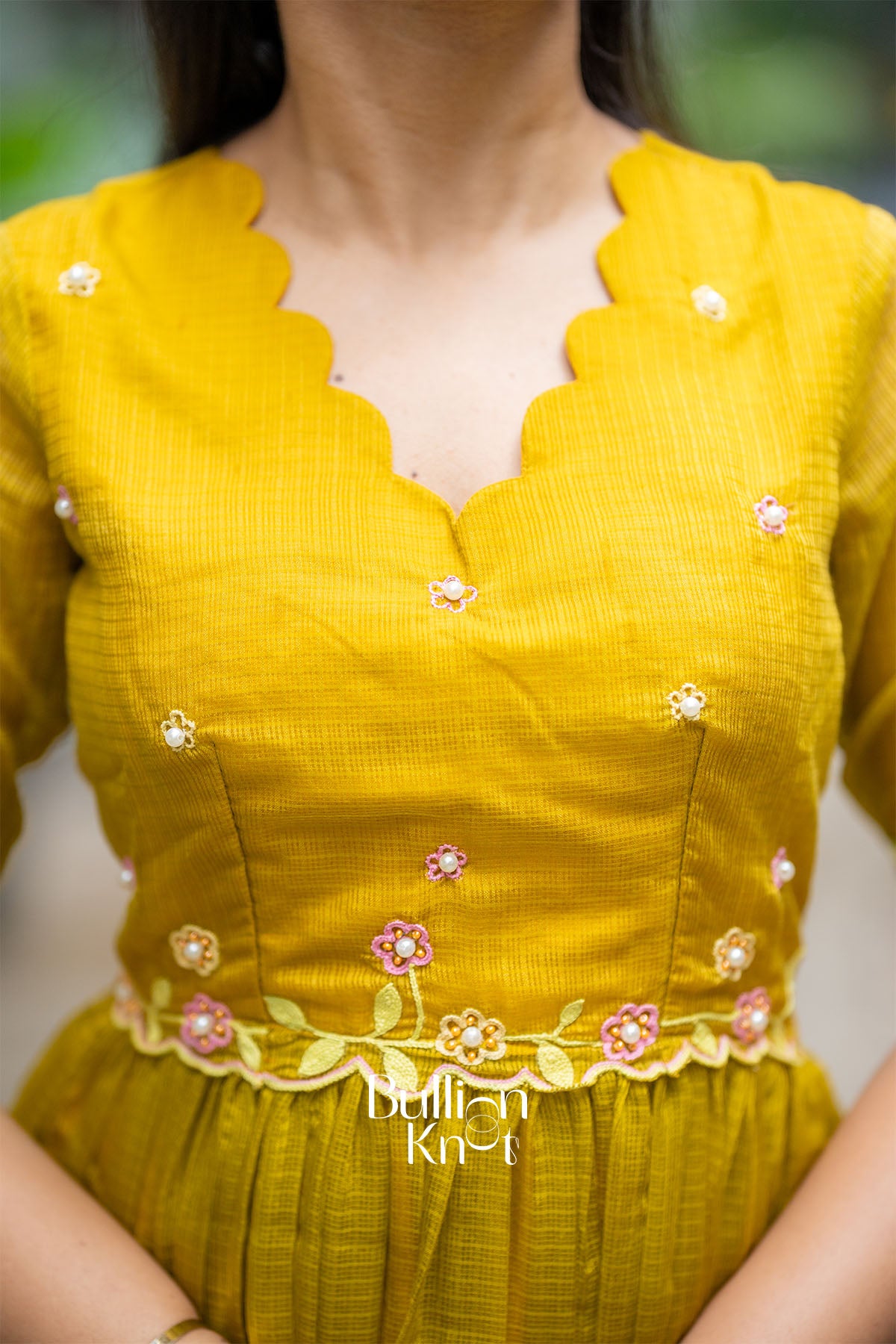 Rangrezza Kota Doria Mustered Yellow Handwork Midi Dress