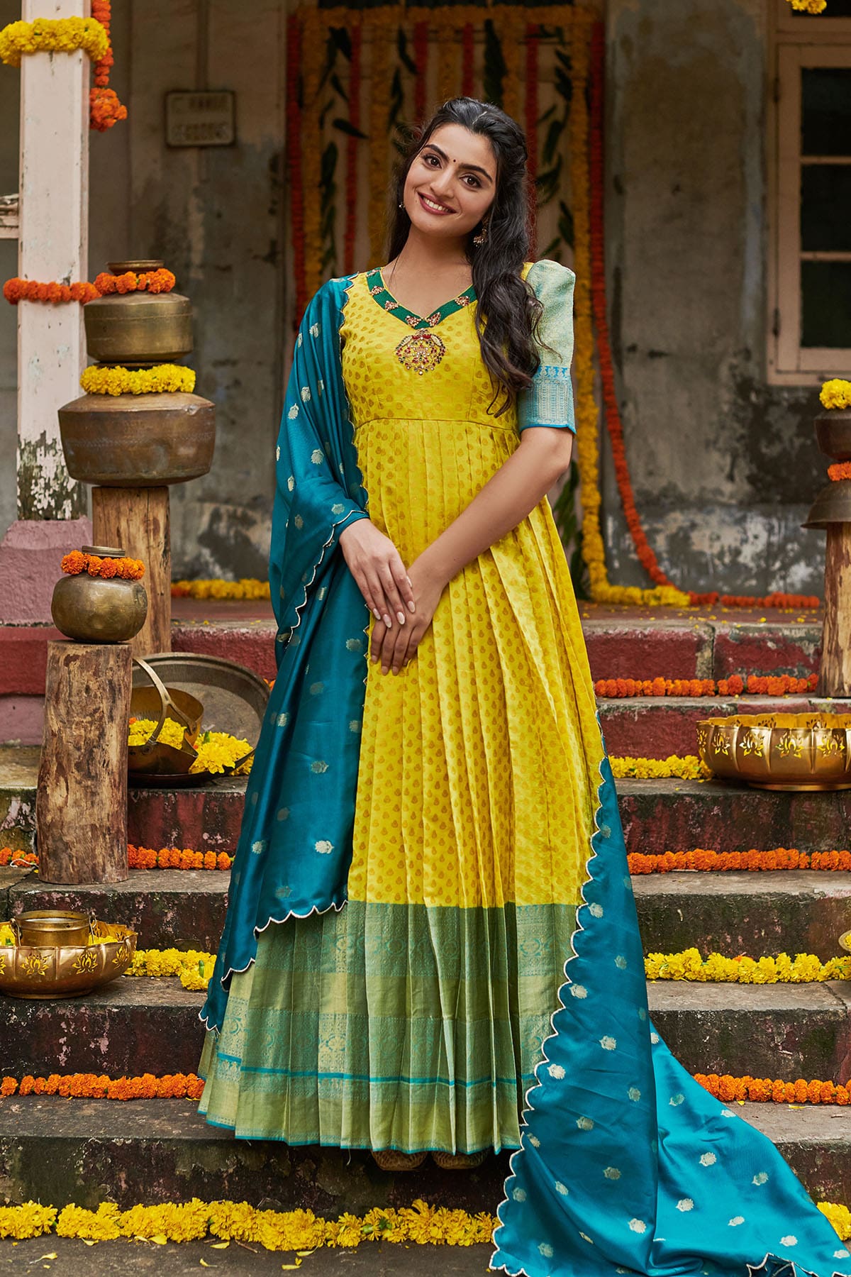 Lemon Yellow Banarasi Anarkali Dress - Bullionknot