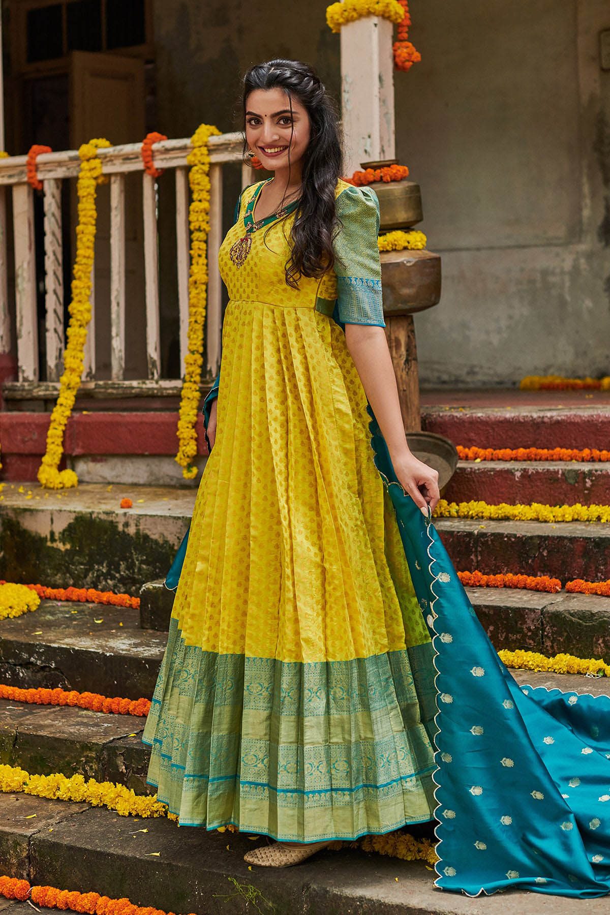 Lemon Yellow Banarasi Anarkali Dress