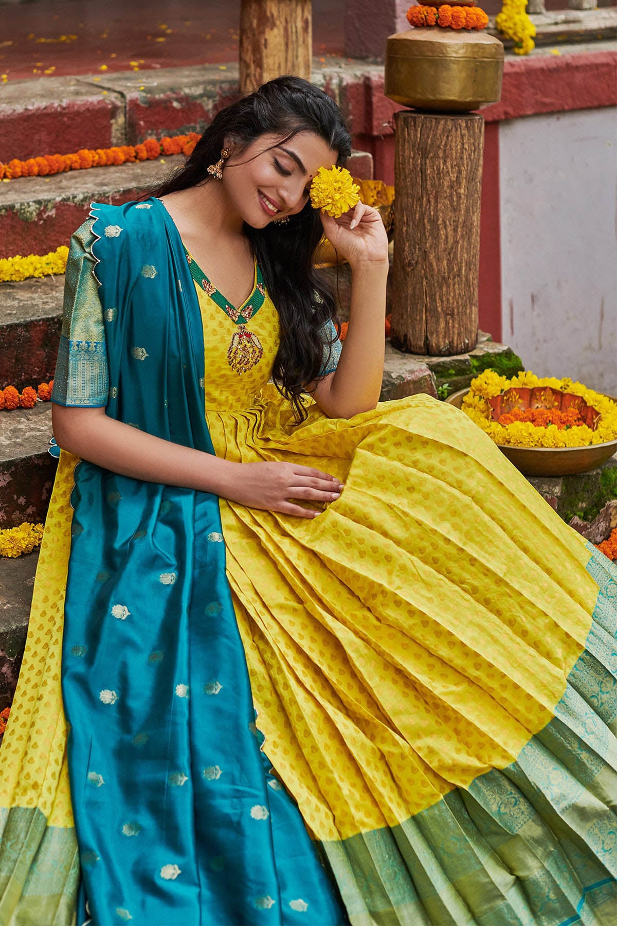Lemon Yellow Banarasi Anarkali Dress