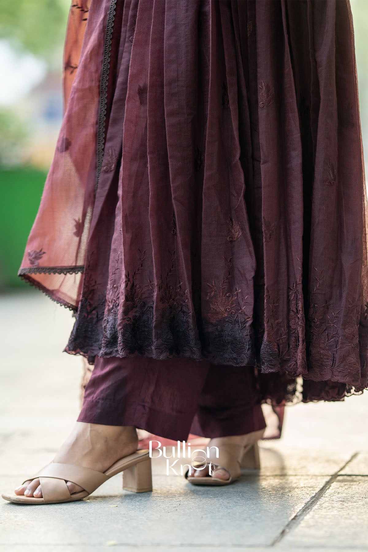 Lightweight Brown Anarkali Suit in Kota Fabric with Pleated Flare and Embroidered Dupatta