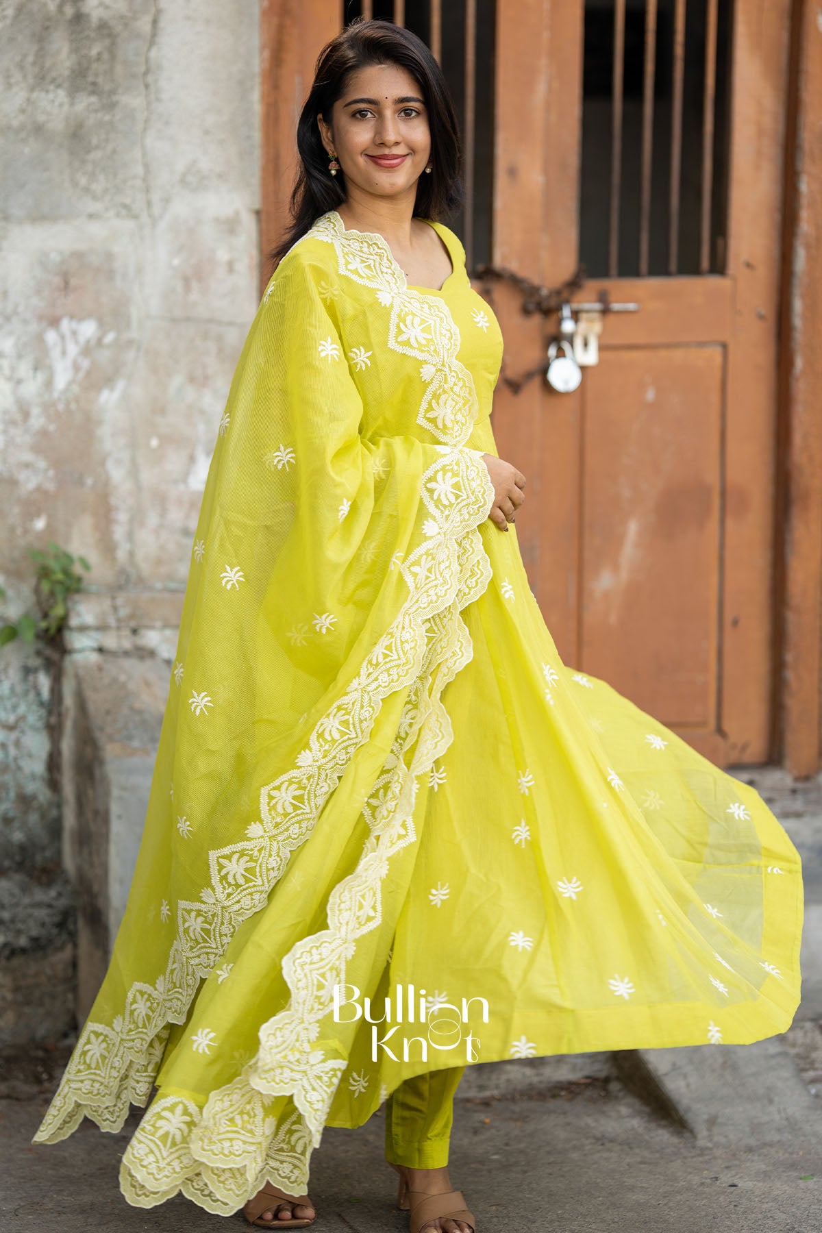 Yellow Kota Anarkali Suit Set with Embroidery – Lime Sunaina