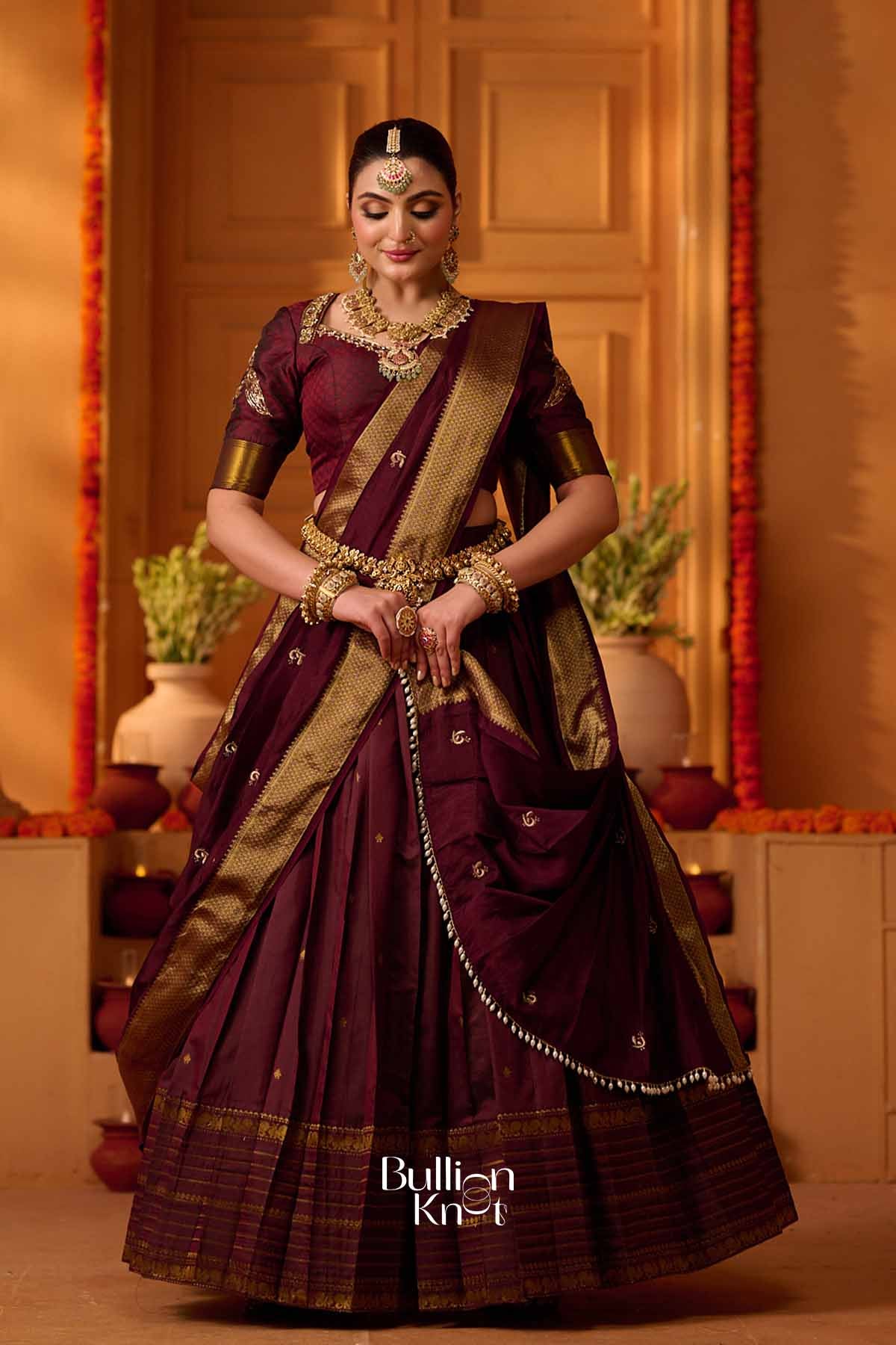 Mahira | Soft Silk Zari Weave Deep Maroon Wine Lehenga Set for Royal Receptions