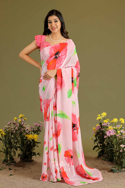 Mallow Swan Retro Print Saree in Pink