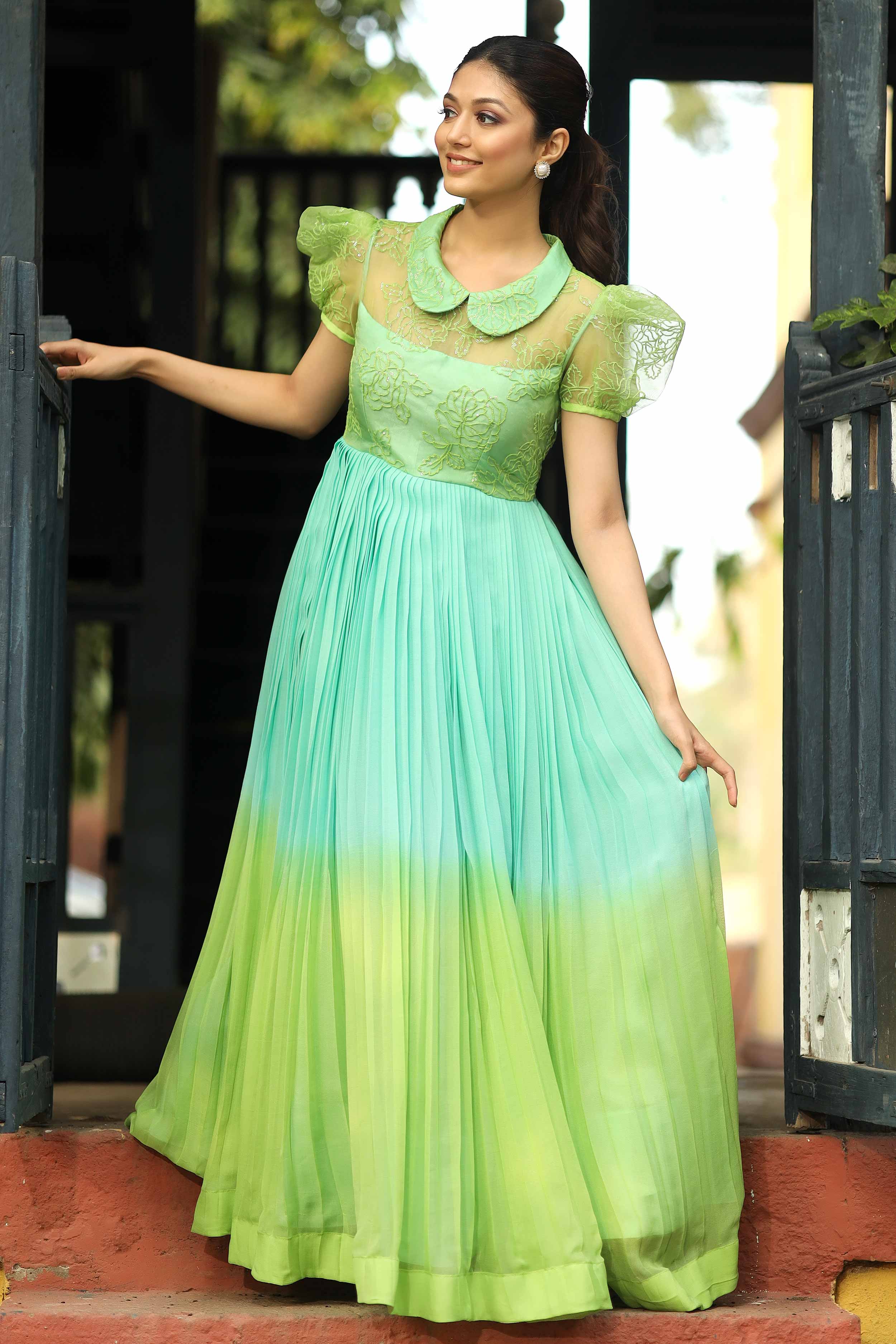 Bandhani Gown Pattern Anarkali Dress Teal Green