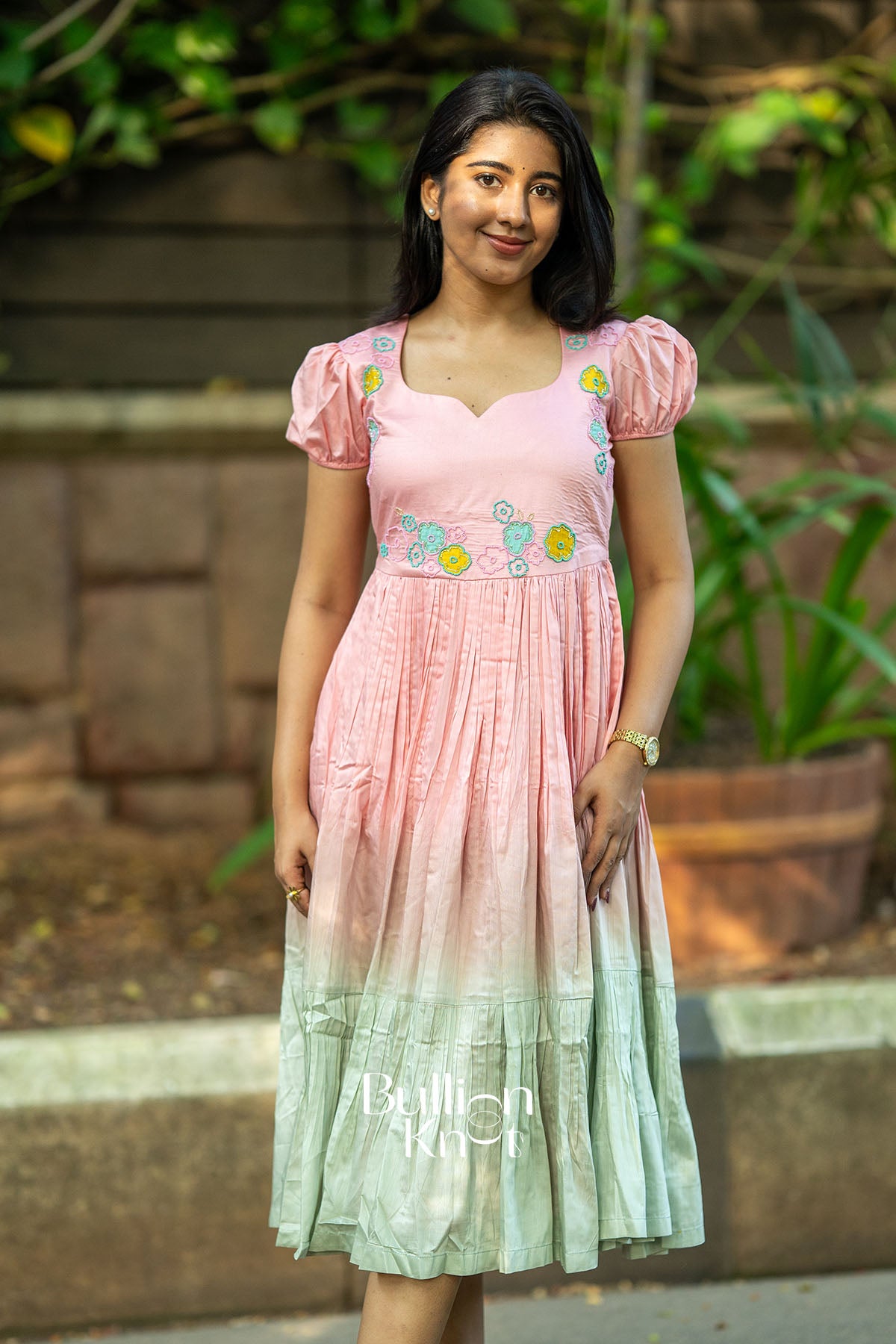 knee length dresses for ladies Ethnic Embroidered A-Line Pleated Midi Dress