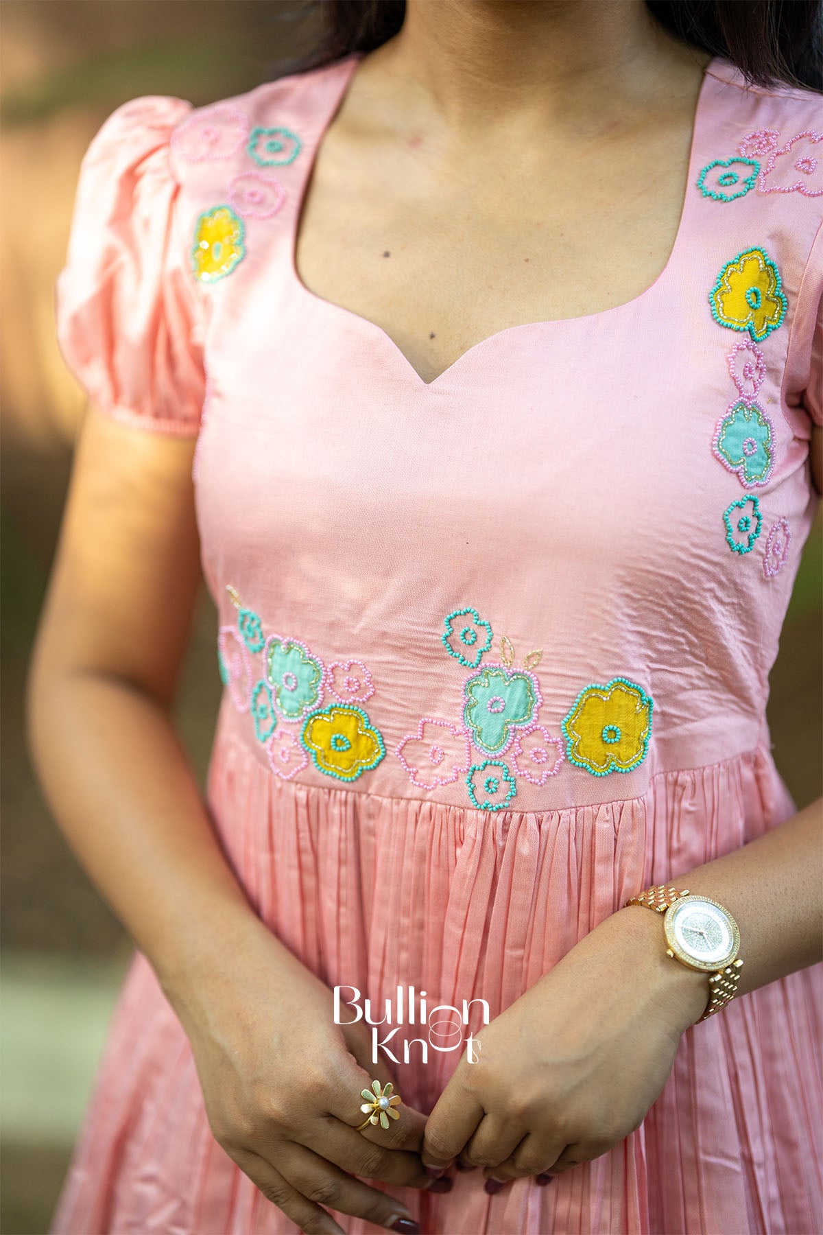 Close-up of Martina Peach Chanderi dress fabric and detailing