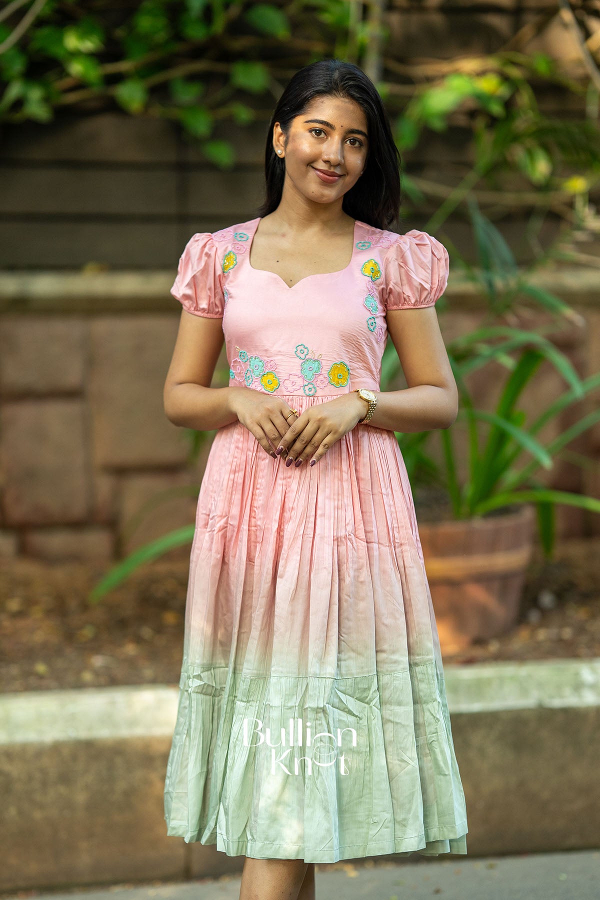 ide view of peach Chanderi midi dress for women