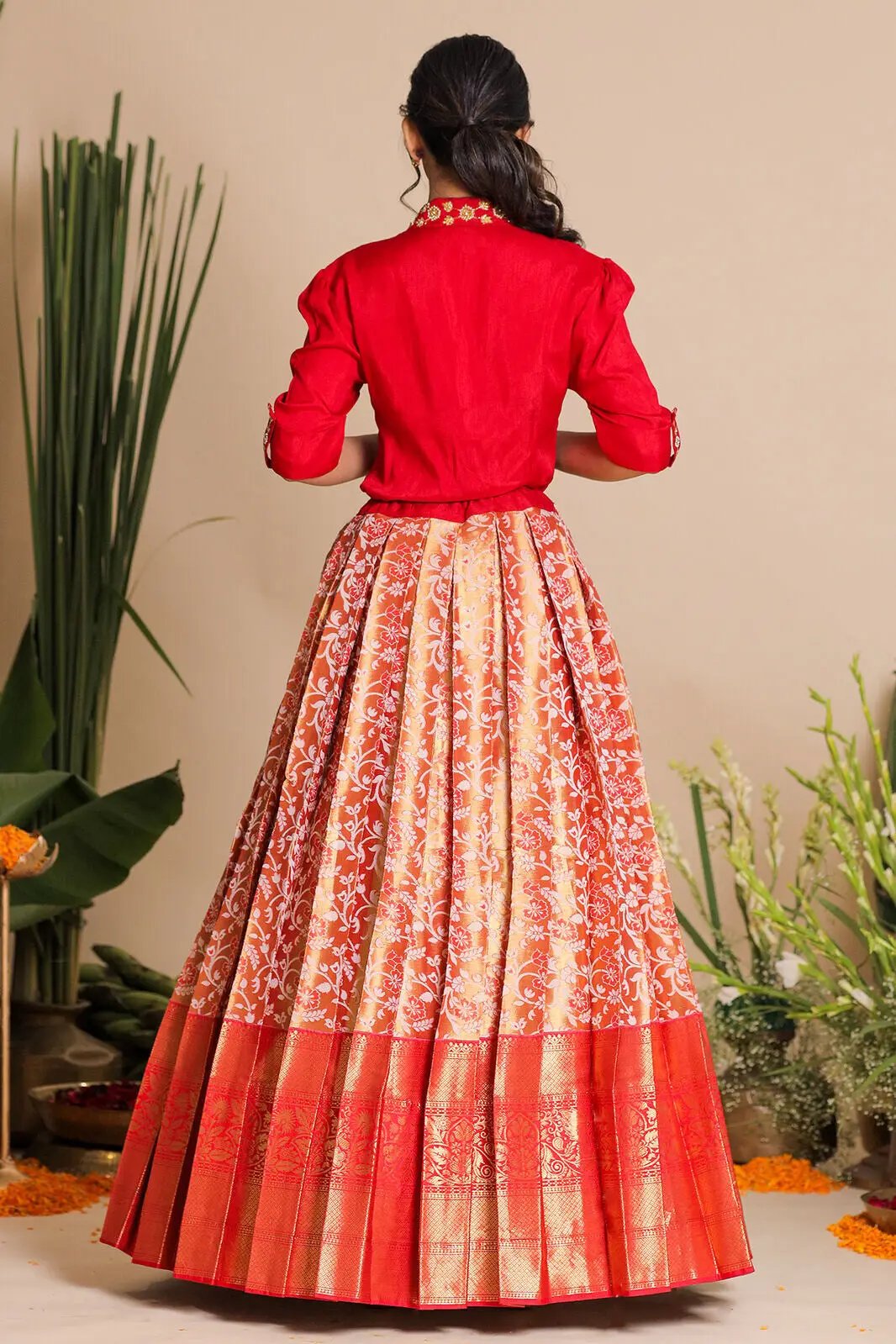 Back view of Meera Indo Western red lehenga