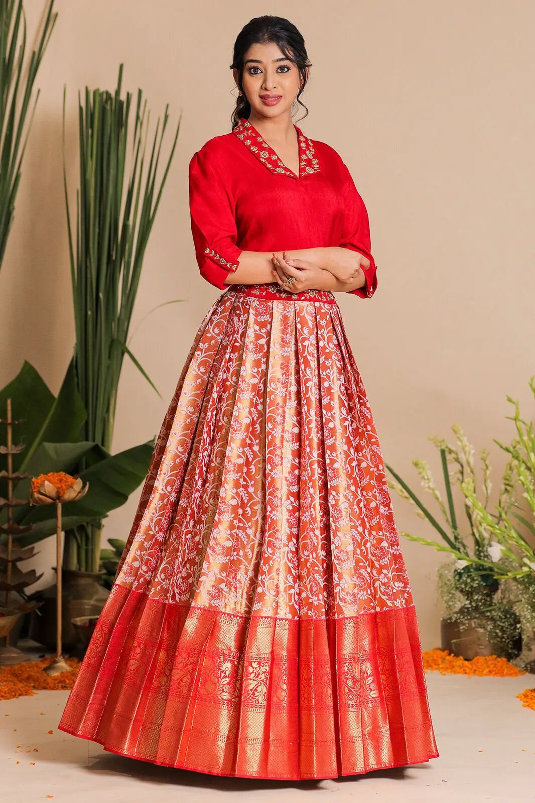 Full view of Meera Indo Western red lehenga